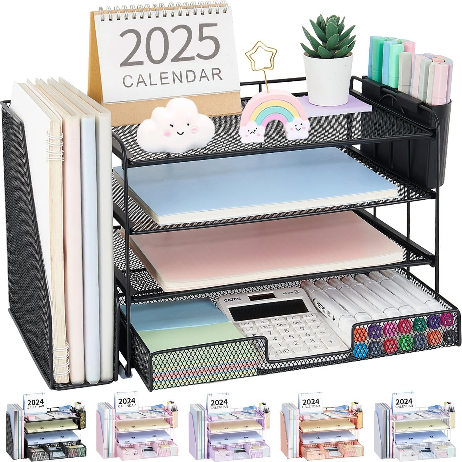 Desk Organizer 4-Tier Desktop File Organizer W/ Drawer & 2 Pen Holders Office