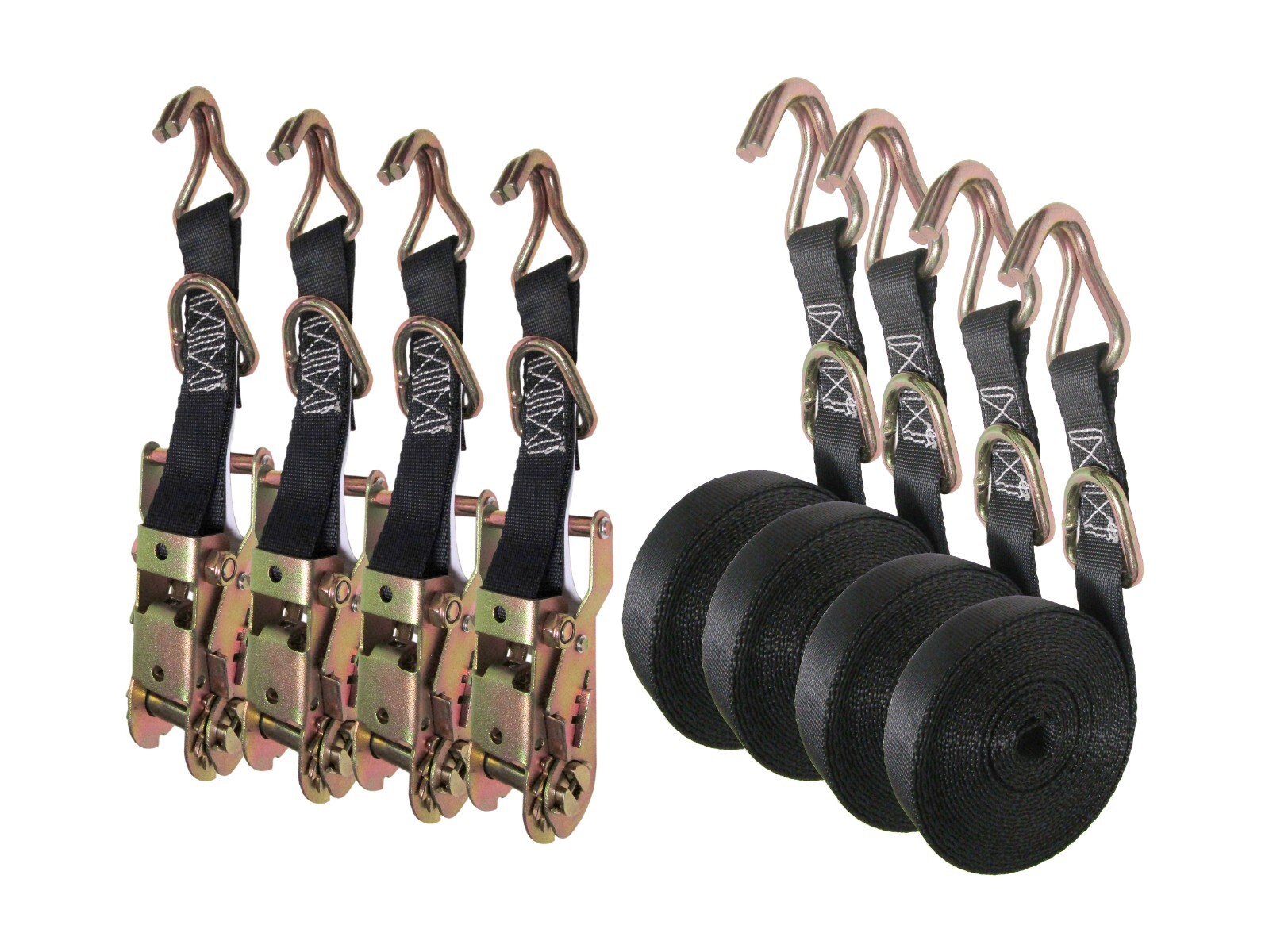 1" x 16' Black Ratchet Strap with D Ring Attachment Finger J Hook - Pack of 4