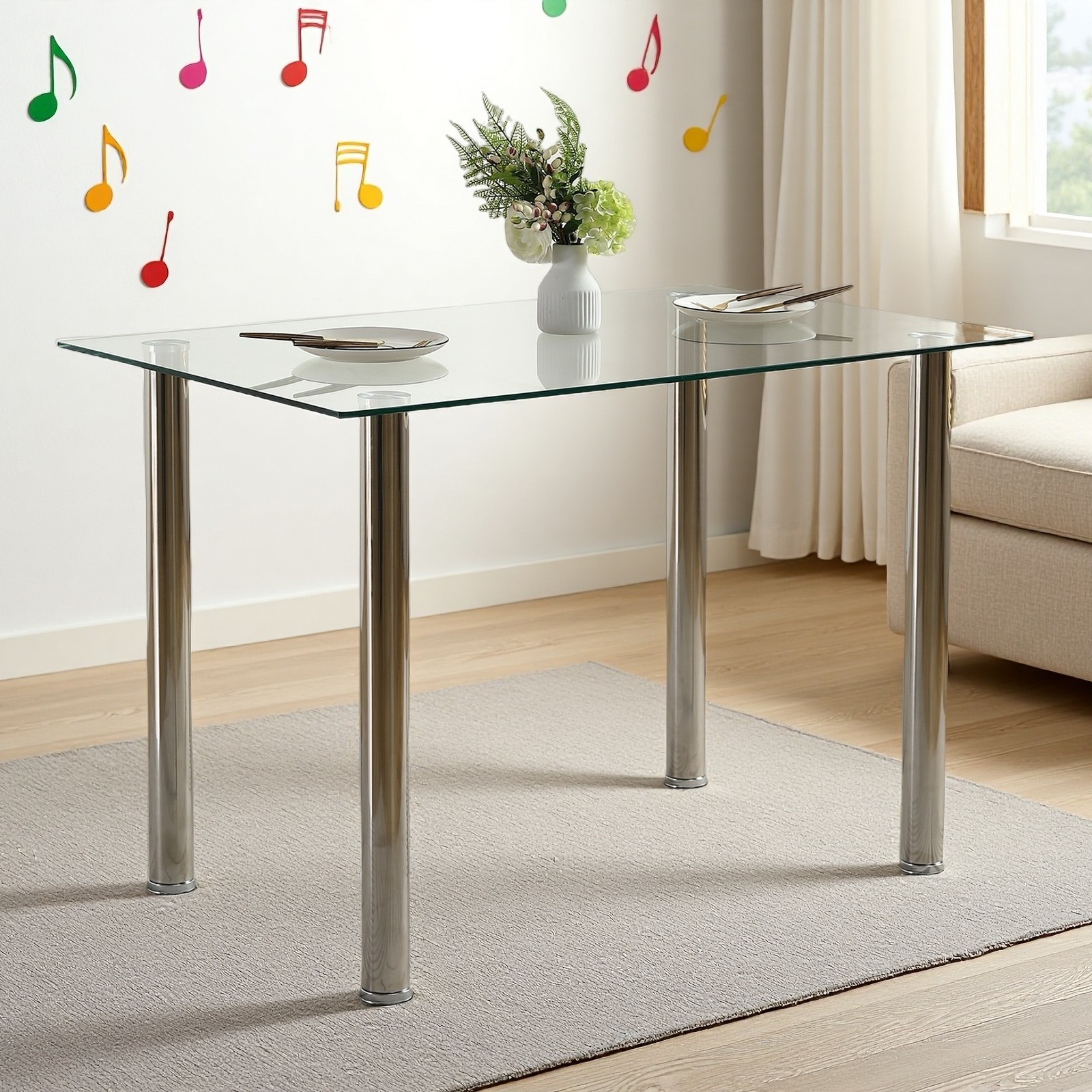 Glass Dining Table - 4 Seater Tempered Clear Glass 43.3" Rectangle Kitchen Desk