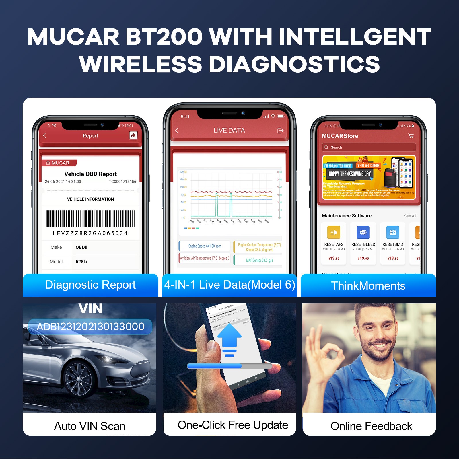 NEWEST MUCAR BT200 Auto Diagnostic Scanner All System Scan Full OBD2 Code Reader