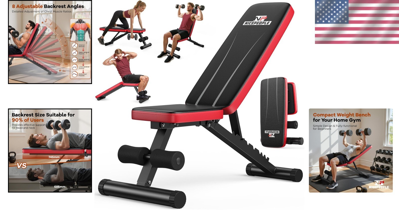 Compact Foldable Bench for Chest, Shoulders, Arms, 660lbs