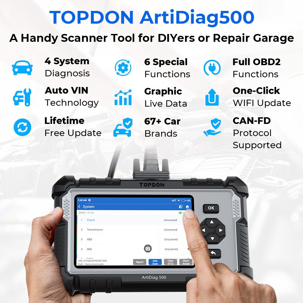TOPDON AD500 OBD2 Scanner Engine Transmission ABS SRS Diagnostic Code Reader FCA