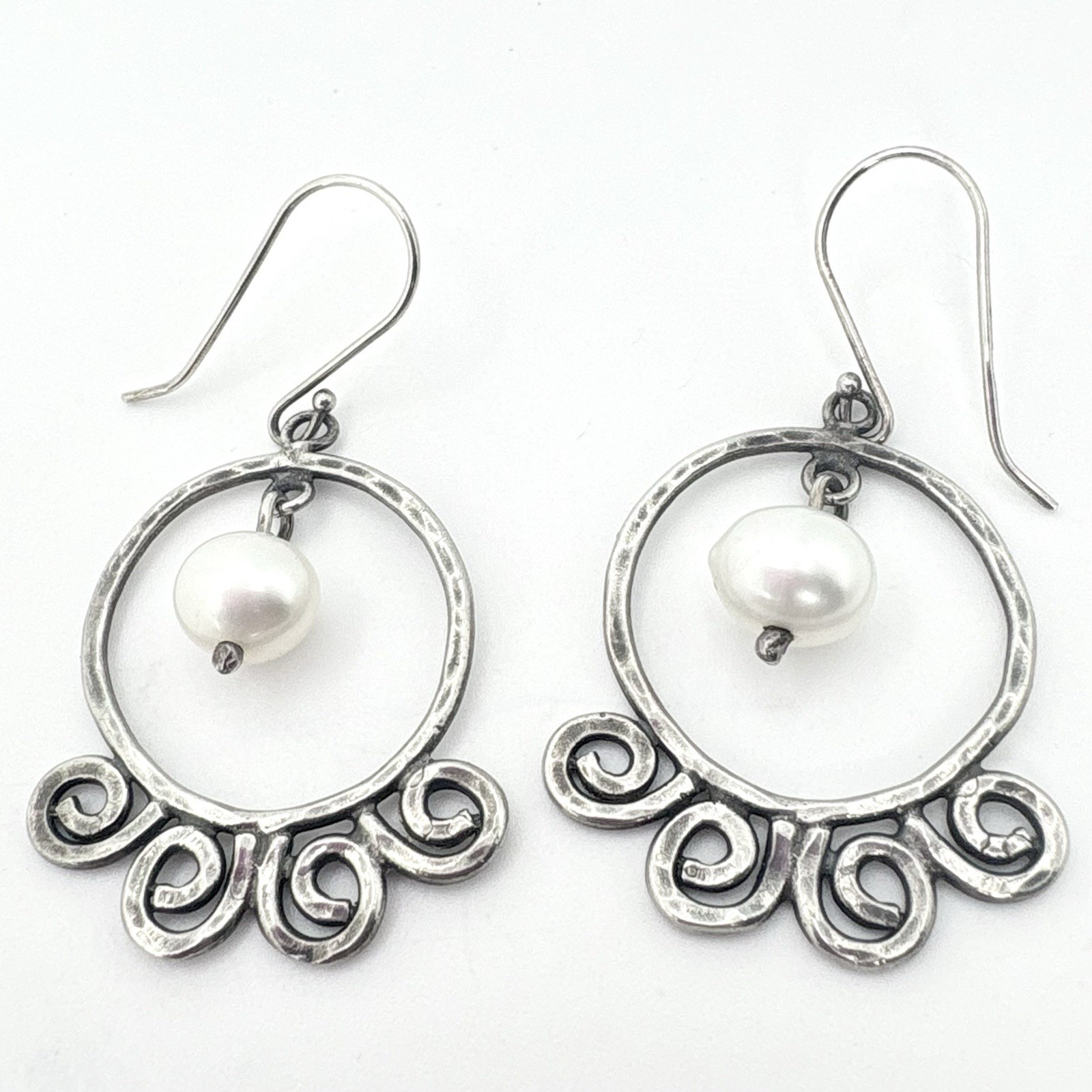 Or Paz Israel 925 Sterling Silver Pearl Dangle Earrings Scroll Circle 1.75”