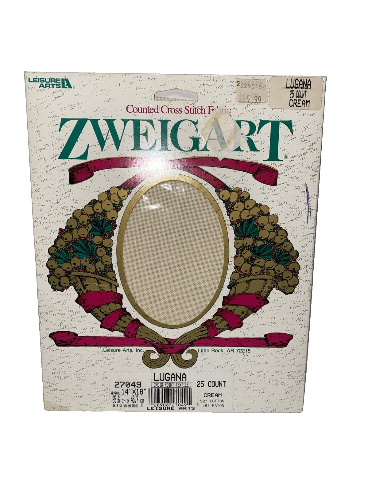 Zweigart Counted Cross Stitch Fabric 25 Count Lugana Linen 14X18 CREAM Color