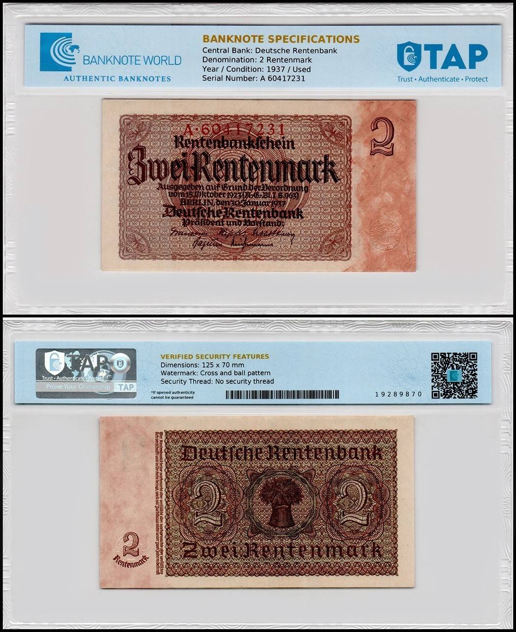 Germany 2 Rentenmark, 1937, P-174, Used, TAP Authenticated