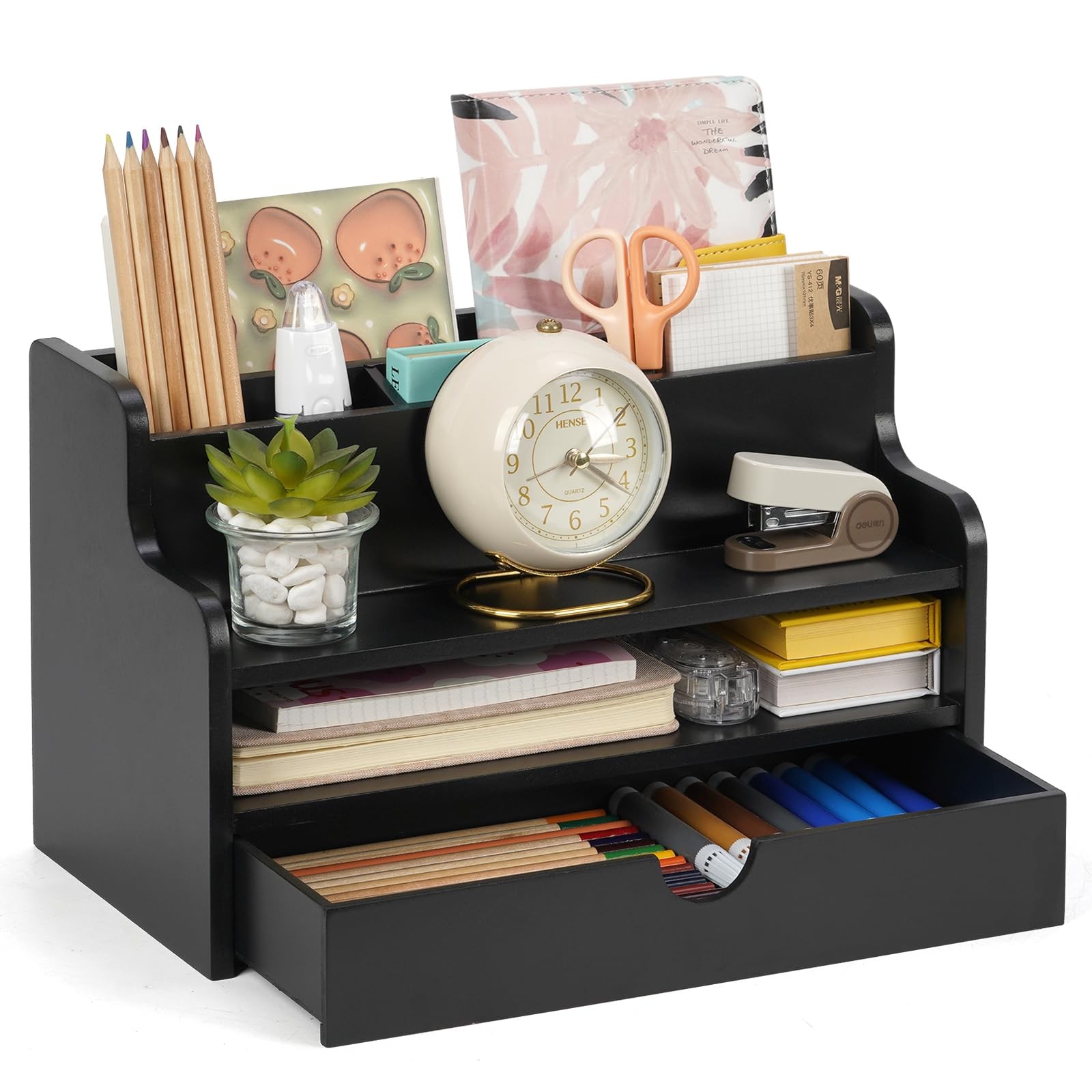 Mail Organizer Countertop, 4 Slots Desk Organizer with Drawer and Shelf, Wood...