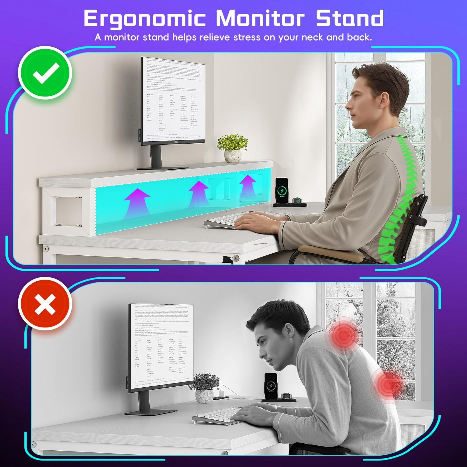 Study Table Office 40 inch L Shaped Computer Desk w/ Drawers & LED Lights,White