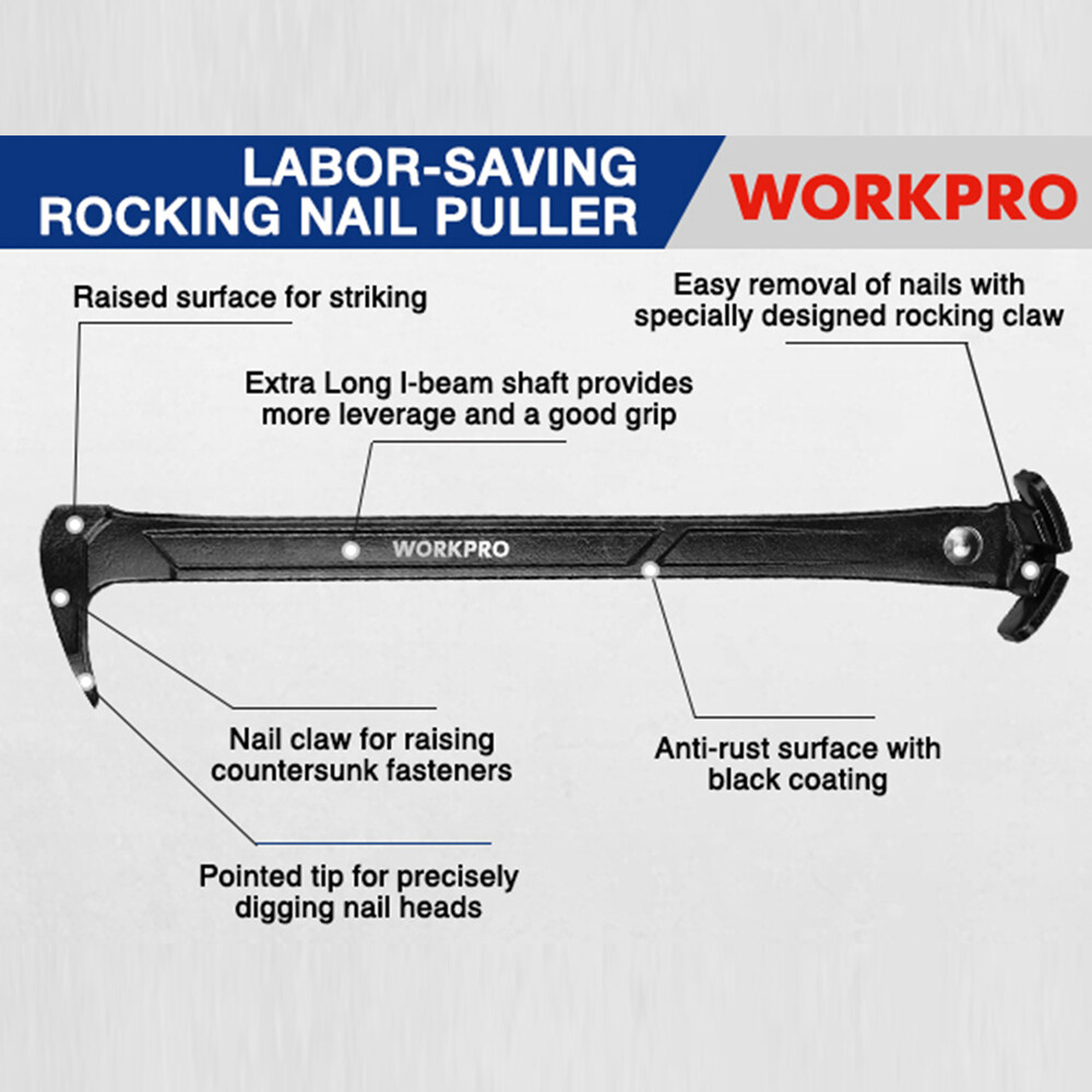 WORKPRO Nail Puller 13" Cat Paw Pry Bar Nail Remover Set Paw Rocking Nail Puller