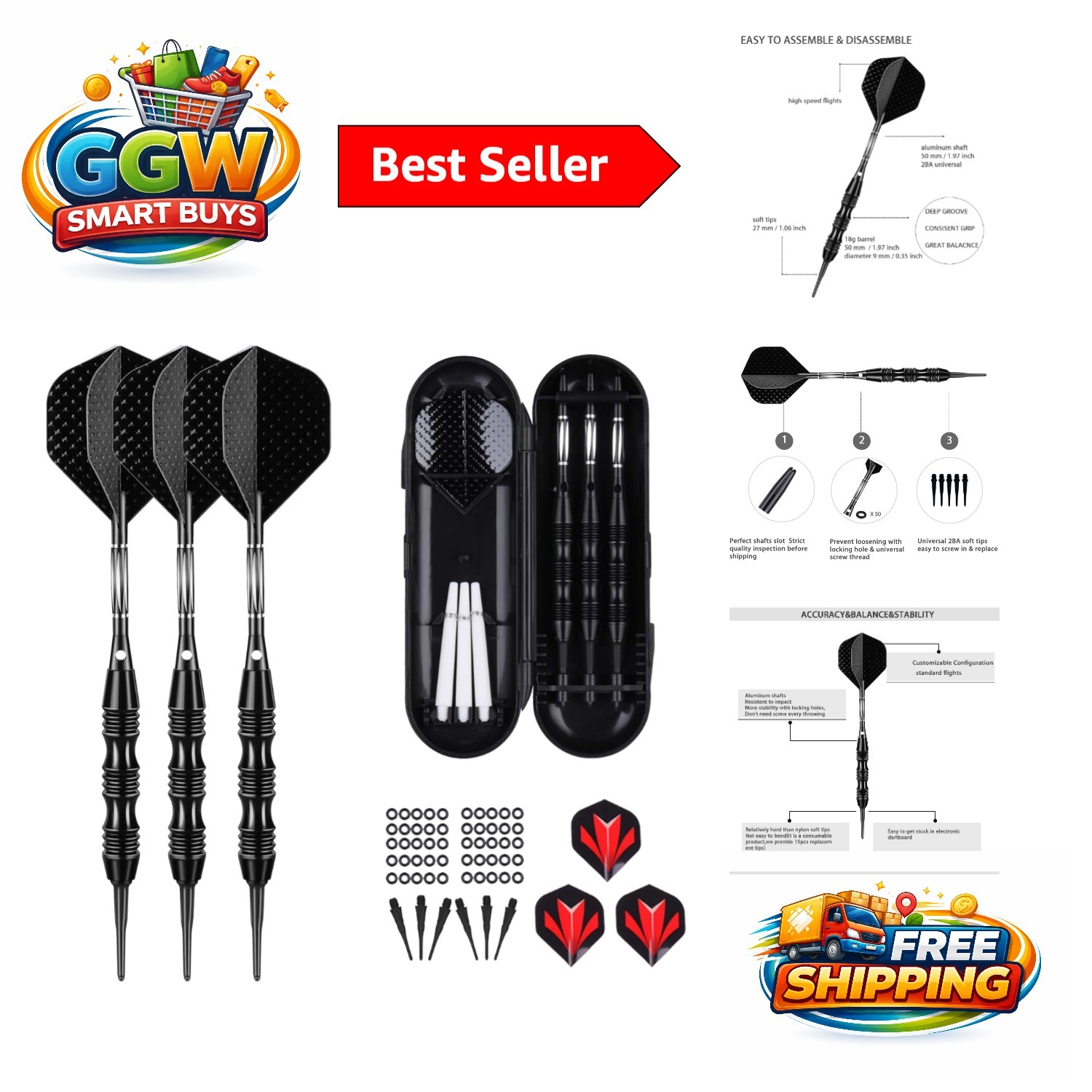 Balanced 20G Soft Tip Darts with Aluminum Shafts and Enhanced Grip for Precision