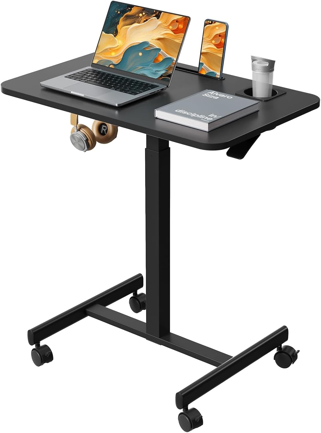 Mobile Standing Desk Rolling Laptop Cart Adjustable Height W/ Cup Holder 28 inch