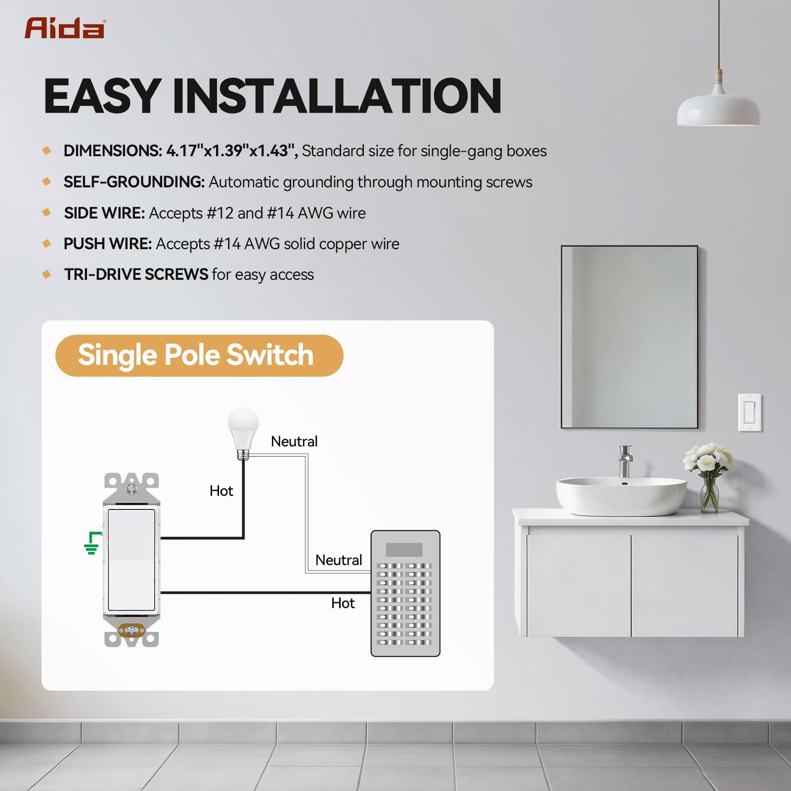 AIDA Single Pole Rocker Decorator Light Switch, 15 Amp Self-grounding Electri...