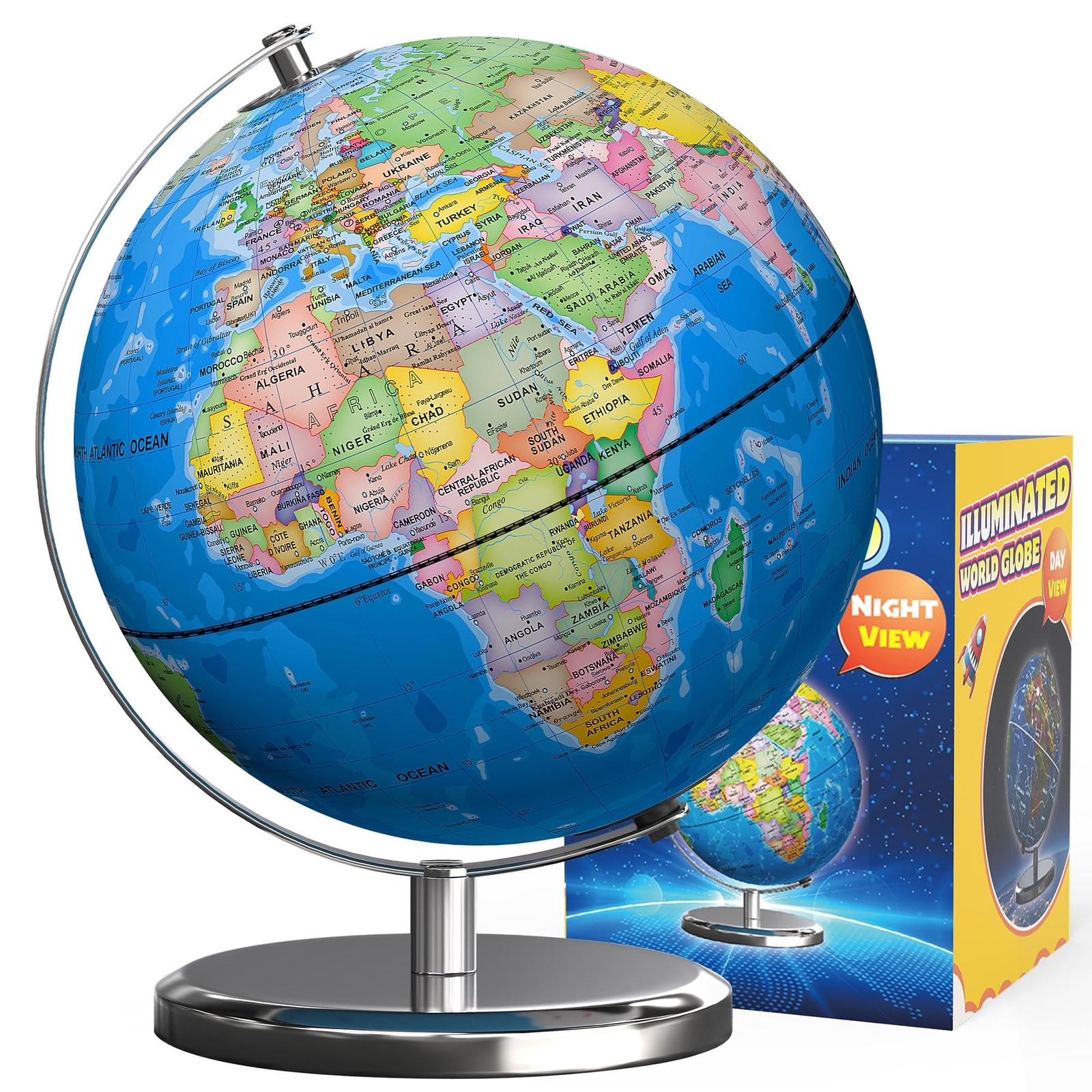 9" Illuminated World Globe with Stand, Earth Globes with Stable Heavy Metal B...