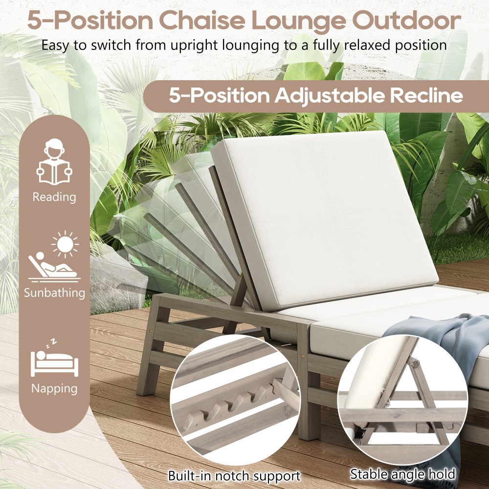 2-Pack Wood Chaise Lounge w/ 5-Position Adjustable Back & Thick Cushions–Outdoor
