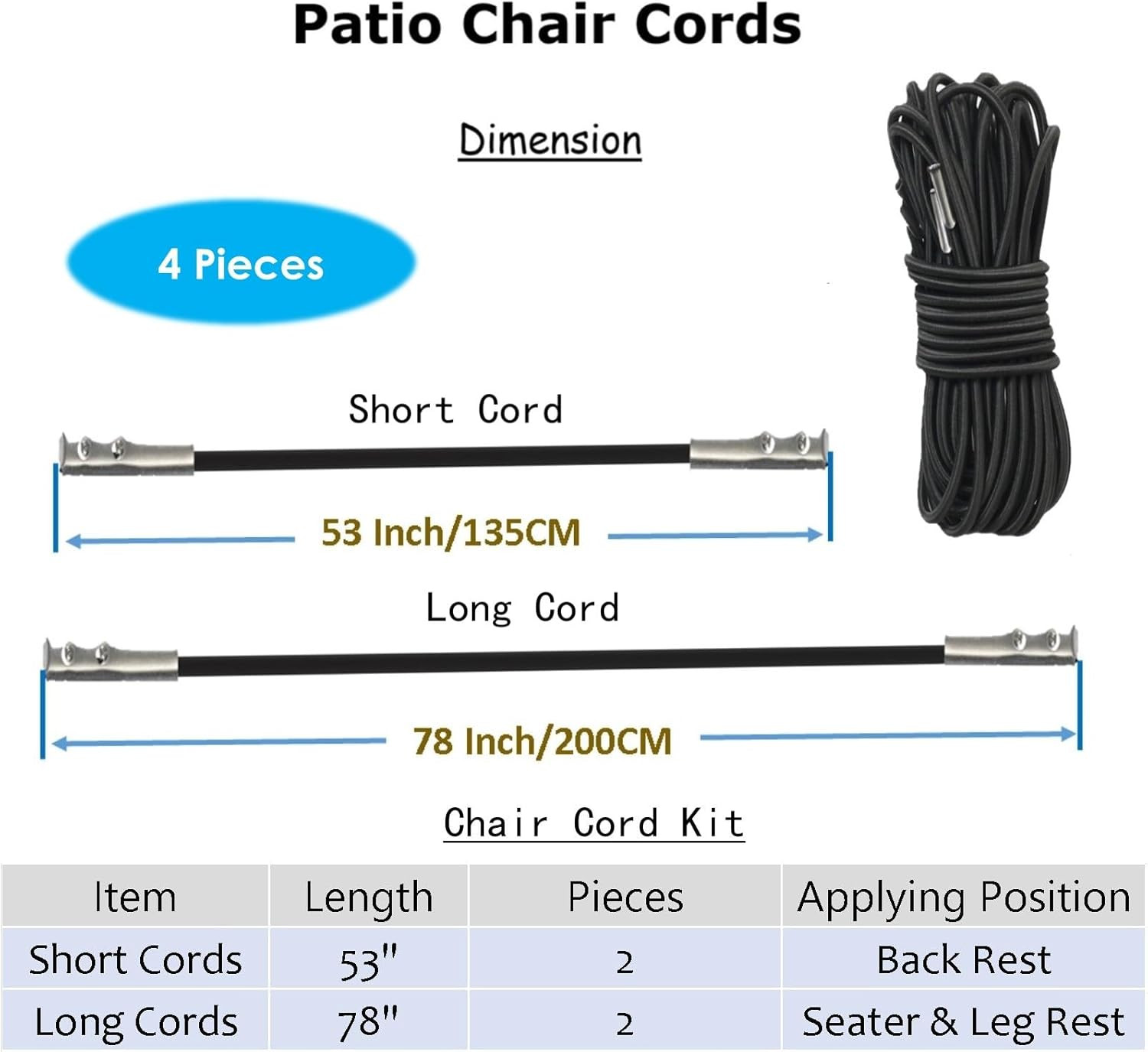 Zero Gravity Chair Replacement Elastic Cords 4-Pack For Patio & Lounge Chairs