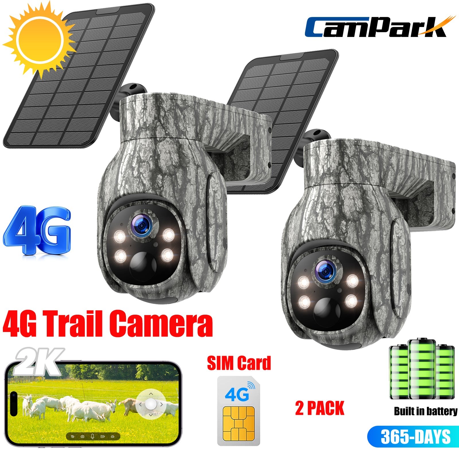2* Campark 2K 4G LTE Cellular Solar PTZ Trail Camera Security Camera + SIM Card