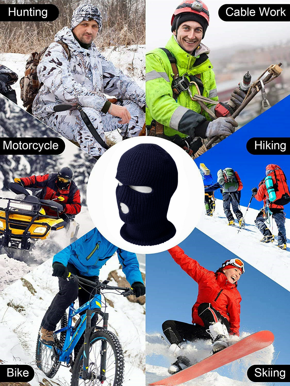 3 Pcs Winter Ski Face Mask 3 Hole Balaclava Hood Beanie Tactical Warm Black Hat