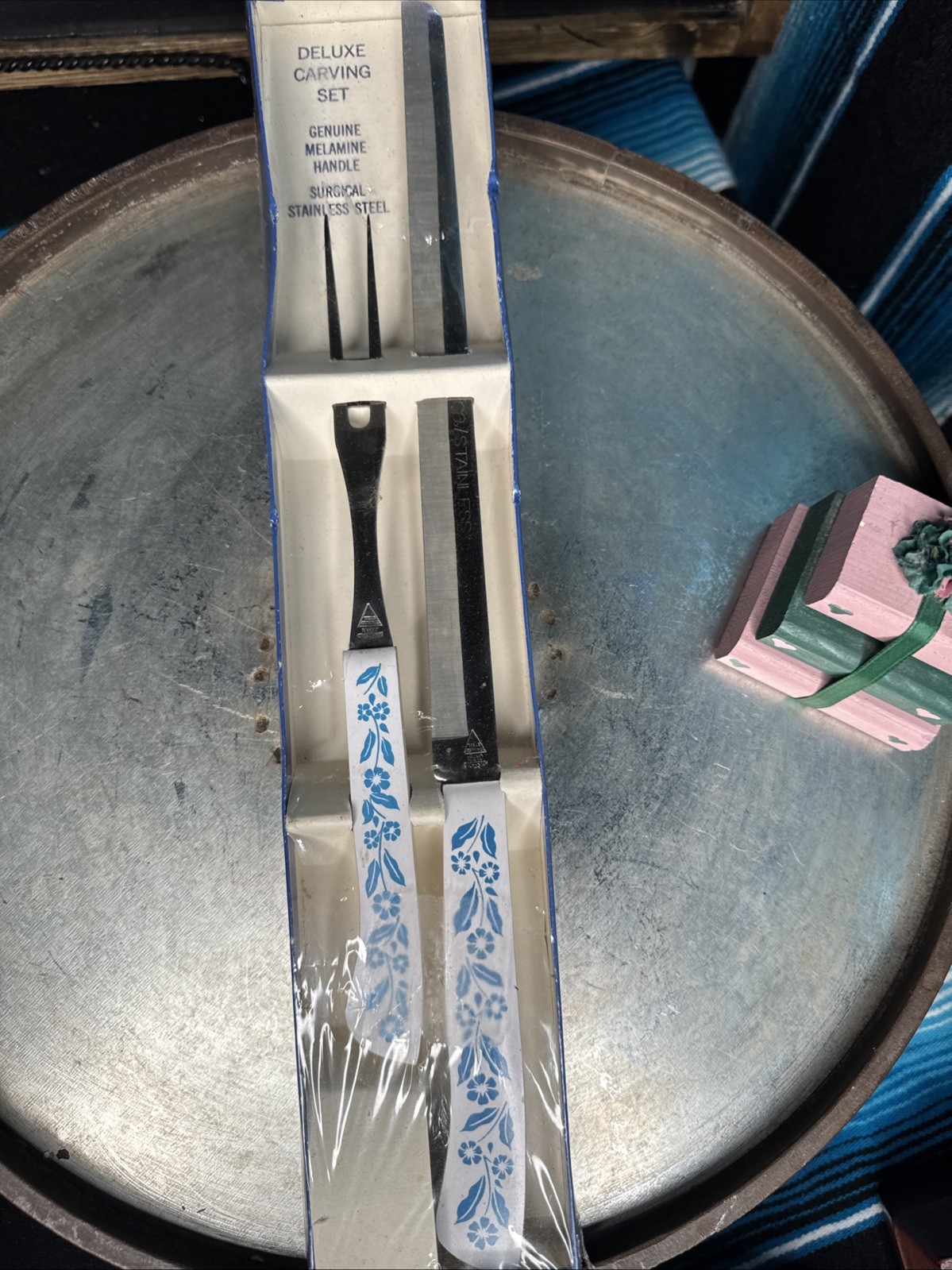Cornflower Blue Knife & Fork Carving Set Japan Melamine Handles New In Package.