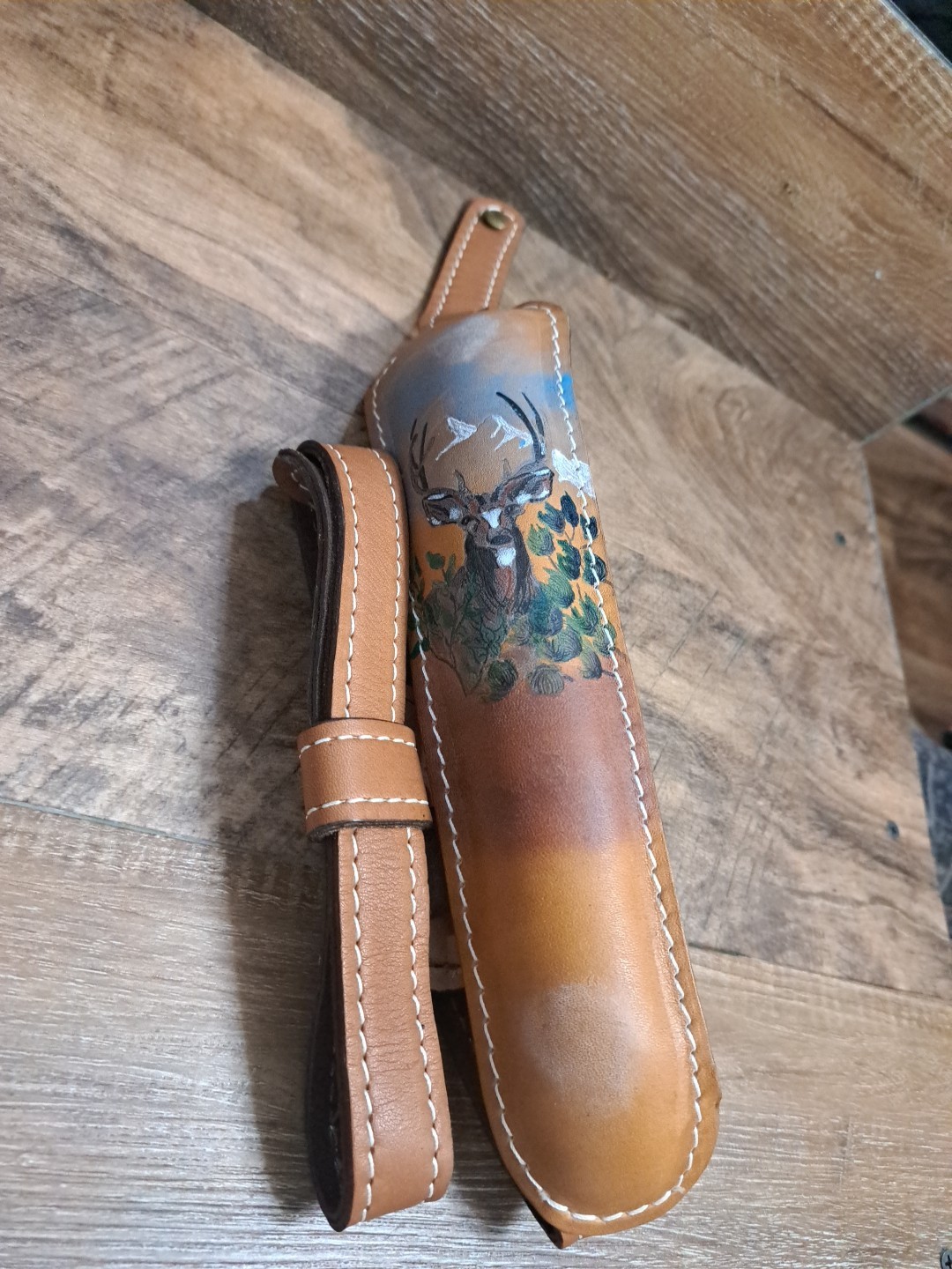 Vtg. Pioneer Padded Leather Rifle Sling, Hand Painted Deer Design
