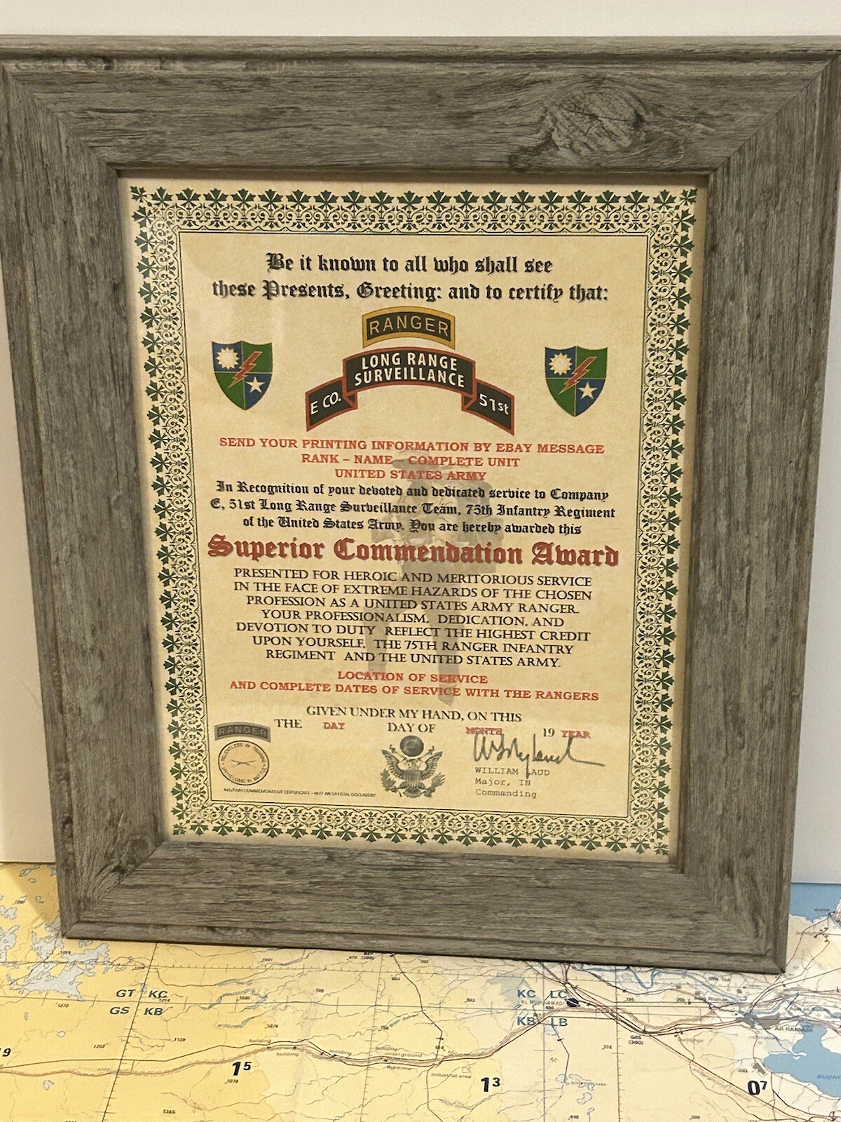 U.S. ARMY - 75TH RANGER / E CO 51 LRSD - SUPERIOR COMMENDATION AWARD CERTIFICATE