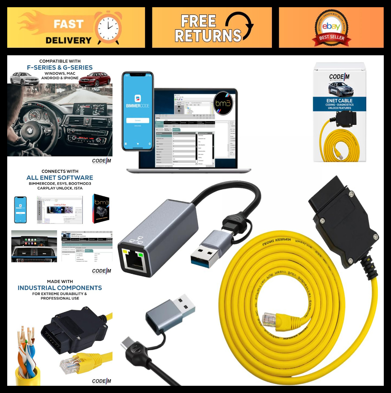3-in-1 OBD2 to Ethernet Cable for BMW | USB-C & USB A Adapter | Coding Tool for