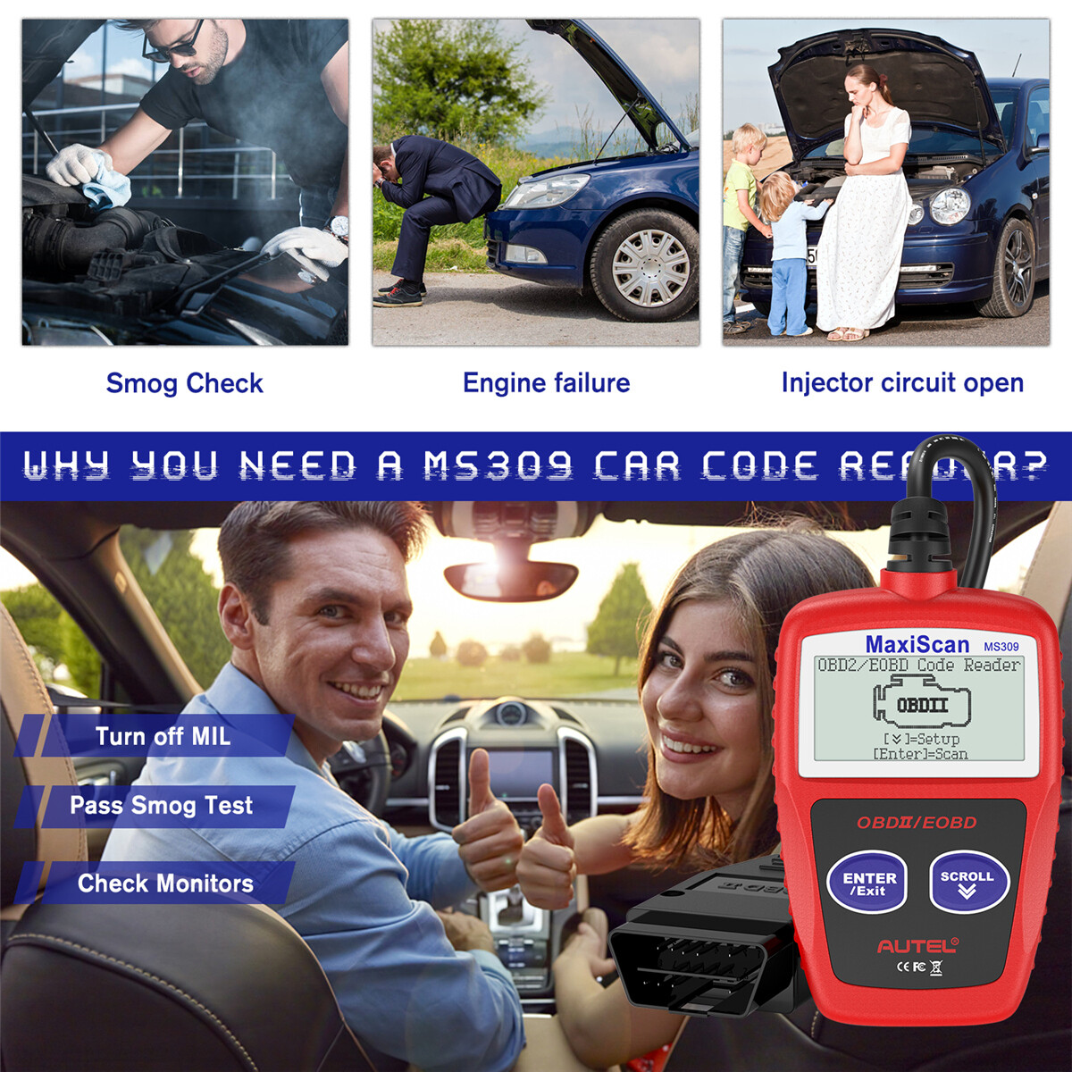 Autel OBD2 Scanner MS309 Universal Car Engine Fault Code Reader OBDII CAN Scan