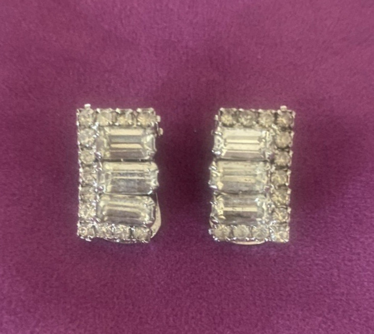 ART Deco Clip On Clear Rhinestones Baggets & Round Prong Set Earrings- 5/8" L