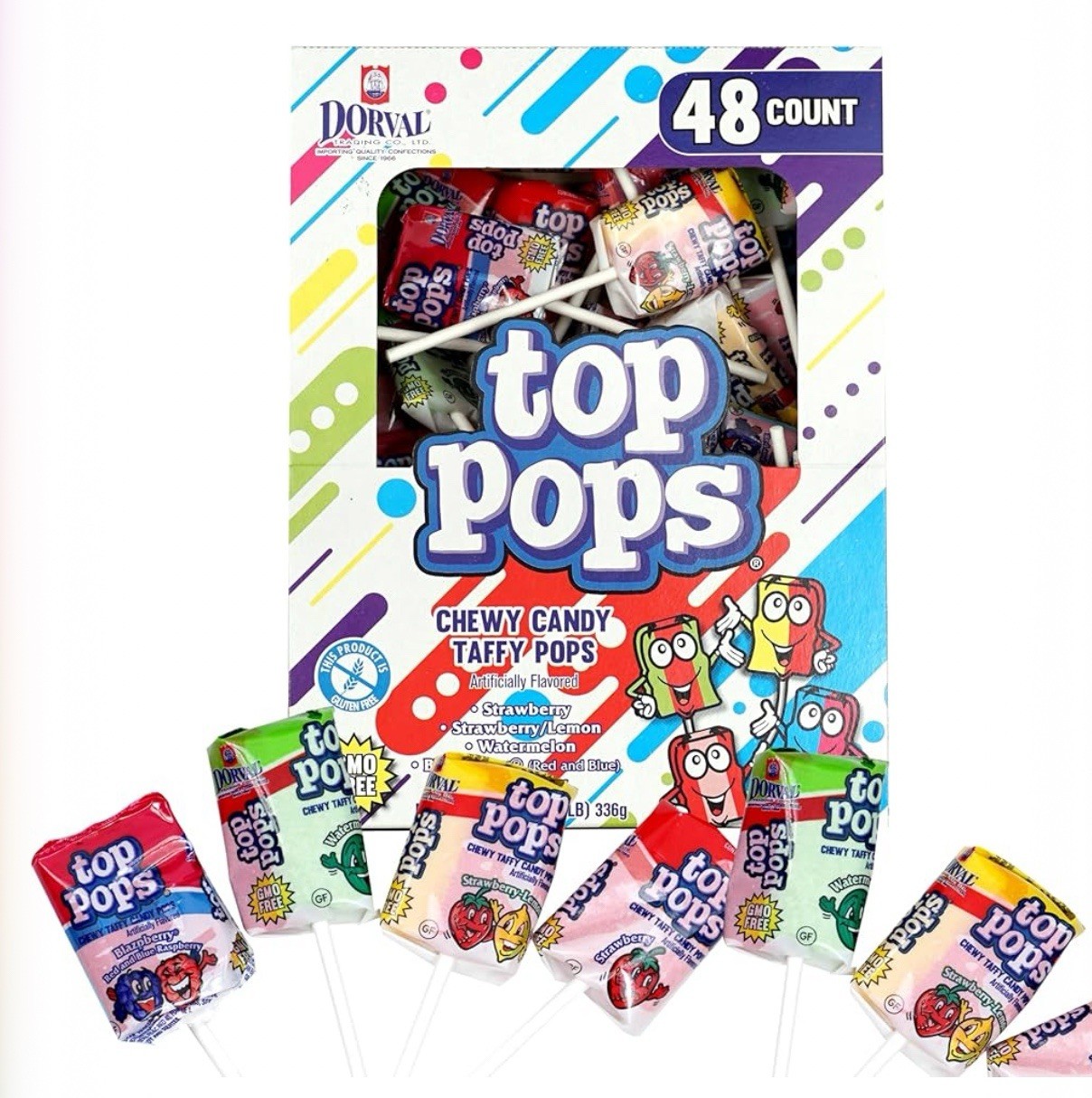 Dorval Top Pops Variety Flavor Chewy Taffy Candy Pops 48 Counts Each , 2 Packs