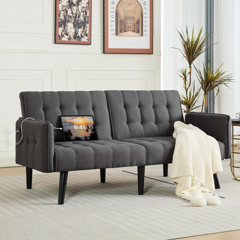 65“ Convertible Futon Sofa Bed W/2 USB Upholstered Tufted Folding Couch Loveseat