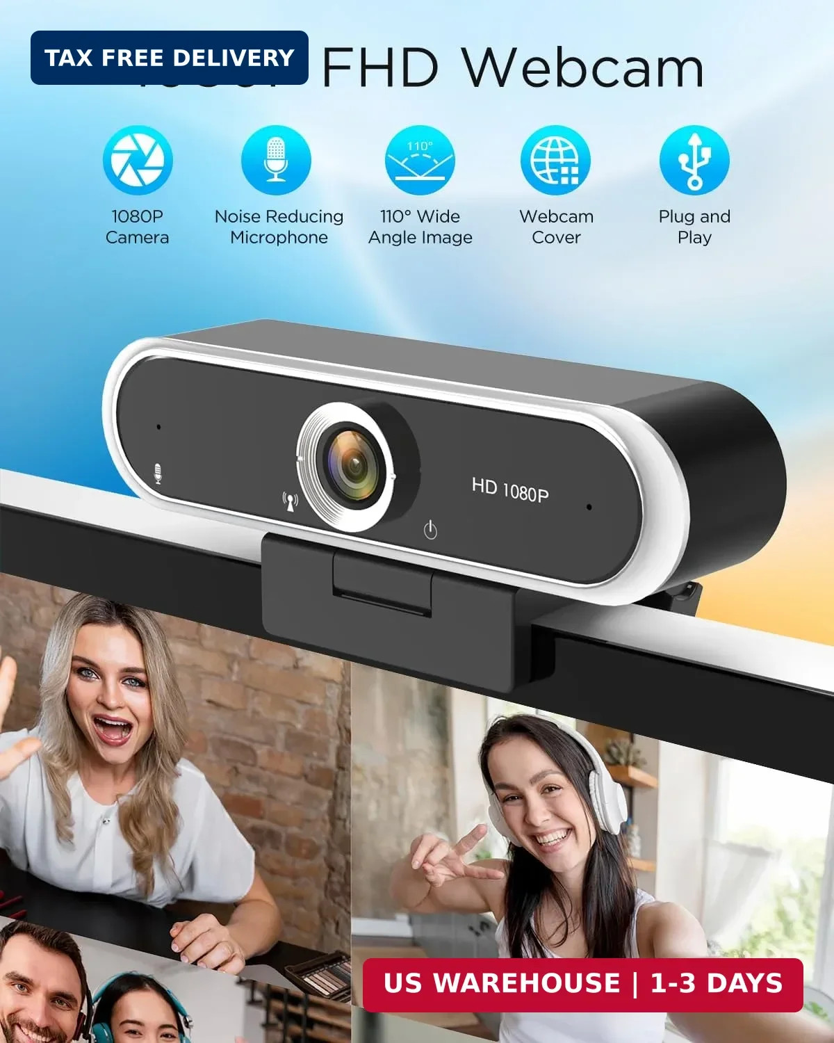 Webcam 1080P with Microphone & Privacy Cover for PC/Laptop, USB Computer Camera