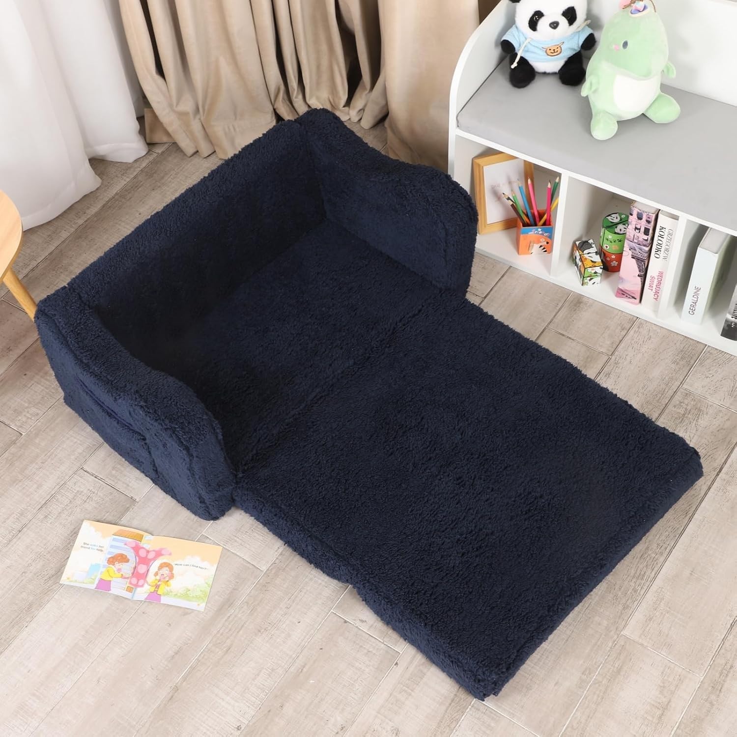 Kids Sofa, 2-in-1 Flip-Out Foam Couch with Soft Sherpa Cover, Cozy Play Loung...