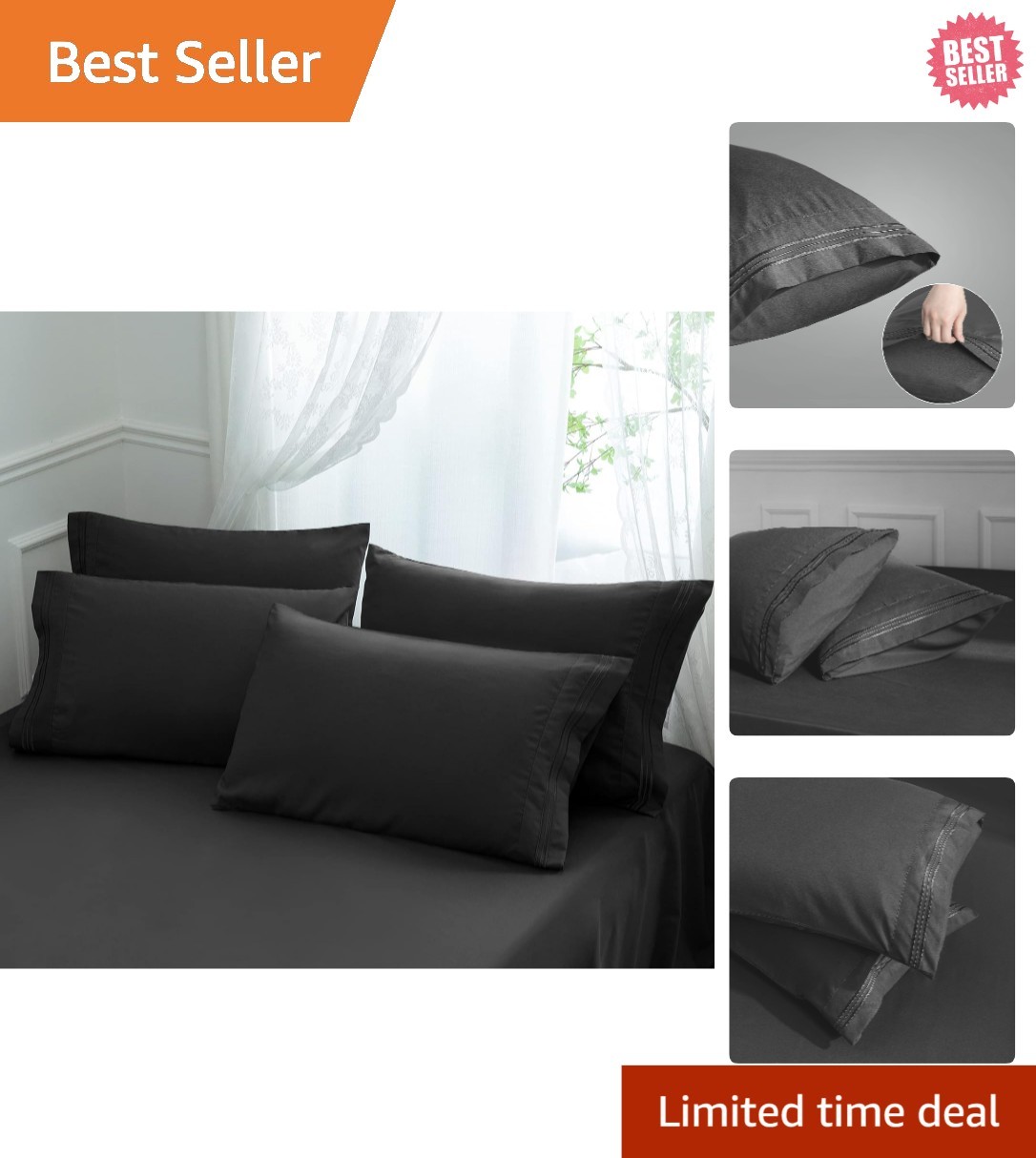 Set of 4 Luxury Microfiber Pillowcases - Ultra Soft 1800 Thread Count, Dark Grey