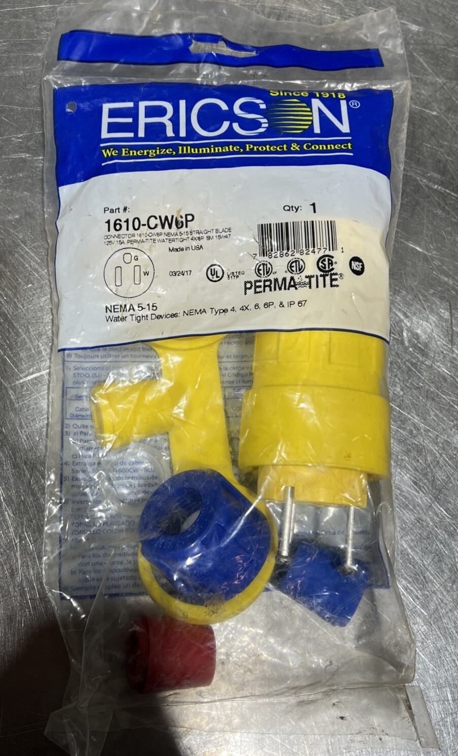 1610-CW6P Connector, Perma-Tite, 5-15R, 2 Pole/3 Wire Straight, 15 Amp, 125V Nos