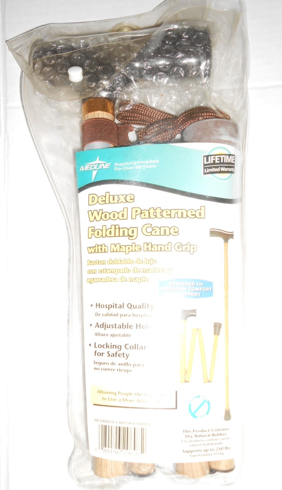 Medline Folding Walking Cane Wood Finish Adjustable 250 lb + Bag MDS86430WDW S80