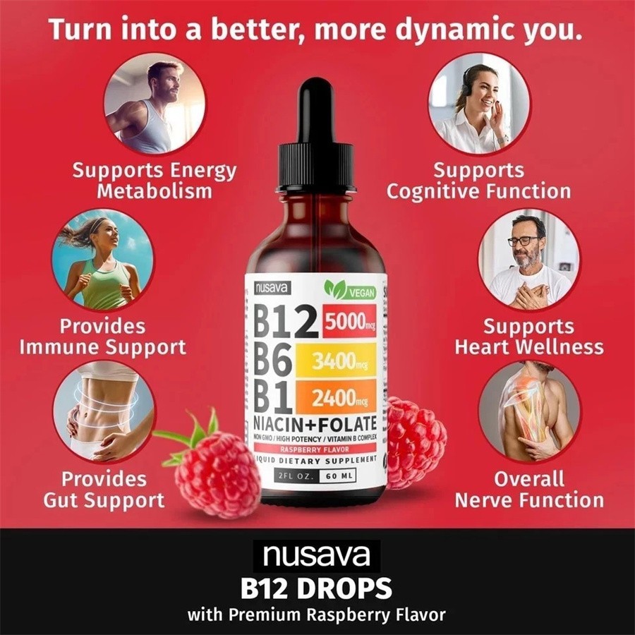 Vitamin B12 Liquid Supplement Dropswith B6, B1, Niacin & Folate -Edible Support