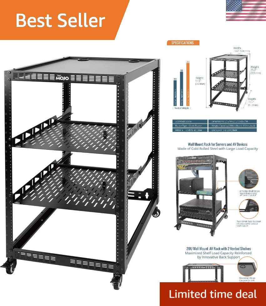 20U Open Frame Network Rack for IT & AV Gear, 4-Post With Casters, Mobile Wit...