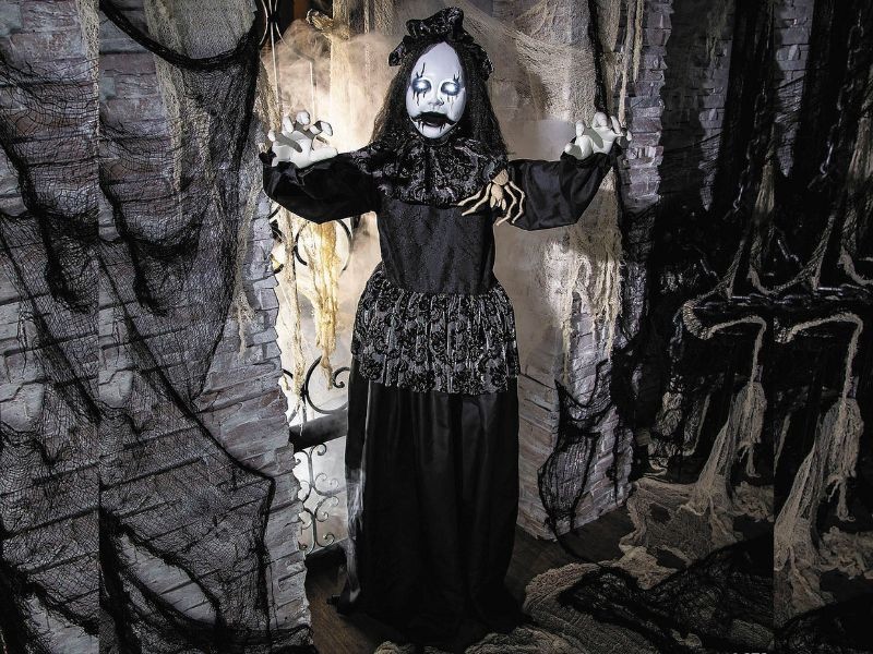 Animated Gothic Bride Prop 5 Ft Halloween Decoration with Spider Standing Figure