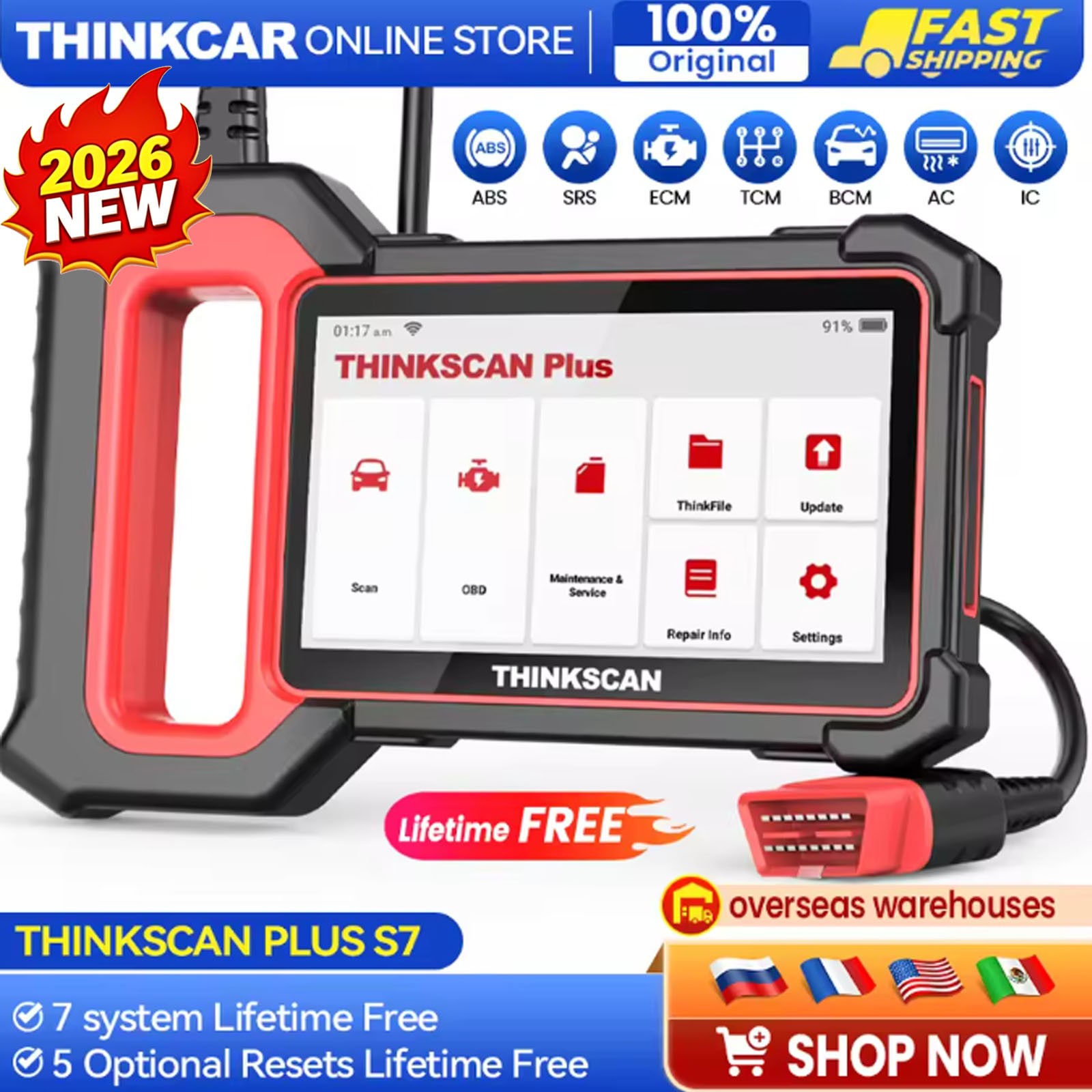 Thinkscan Plus S7 OBD2 Scanner Code Reader ABS SAS SRS BCM Car Diagnostic Tool