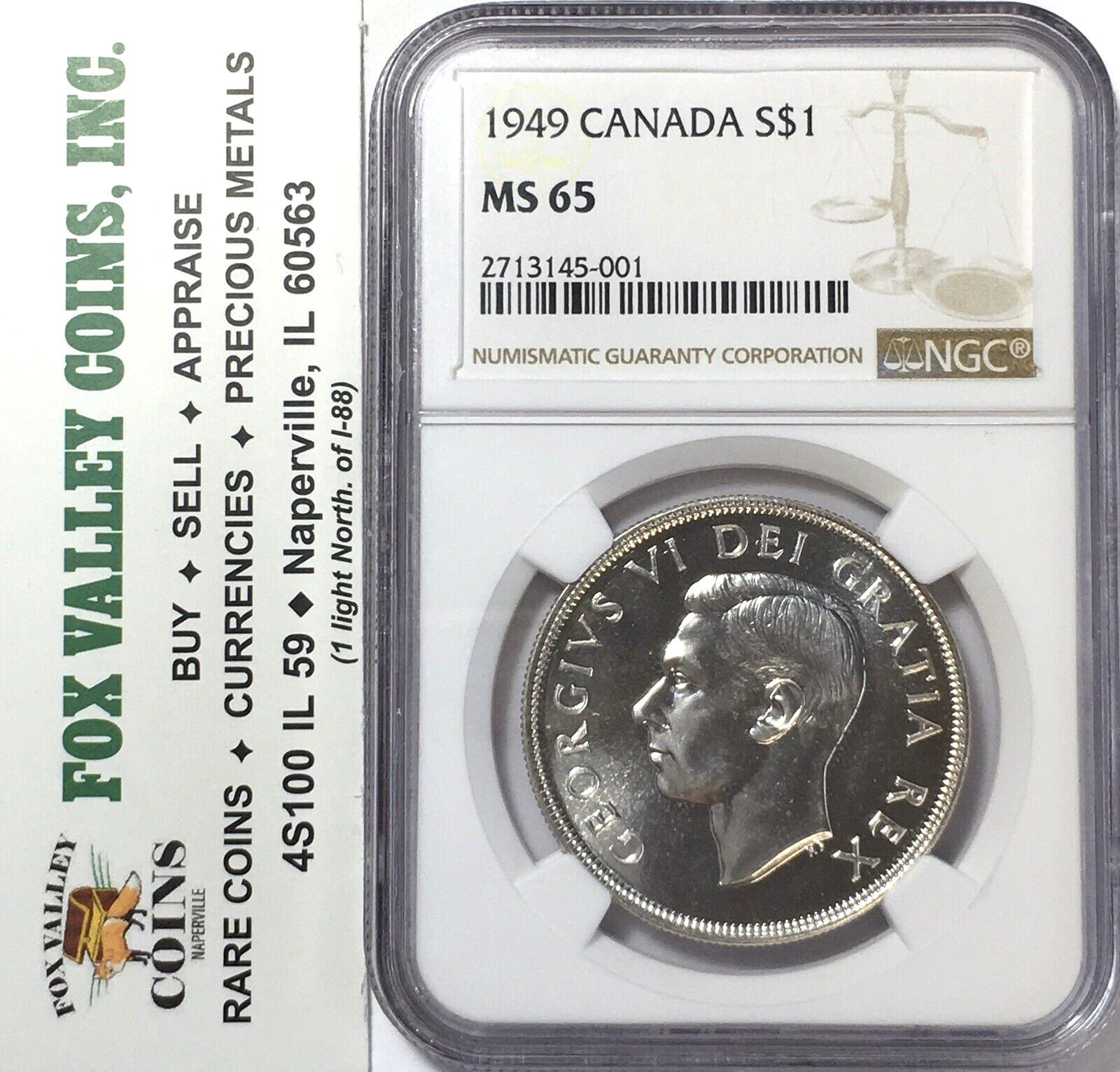1949 CANADA KING GEORGE VI SILVER DOLLAR COIN MS65 NGC VERY REFLECTIVE COIN!