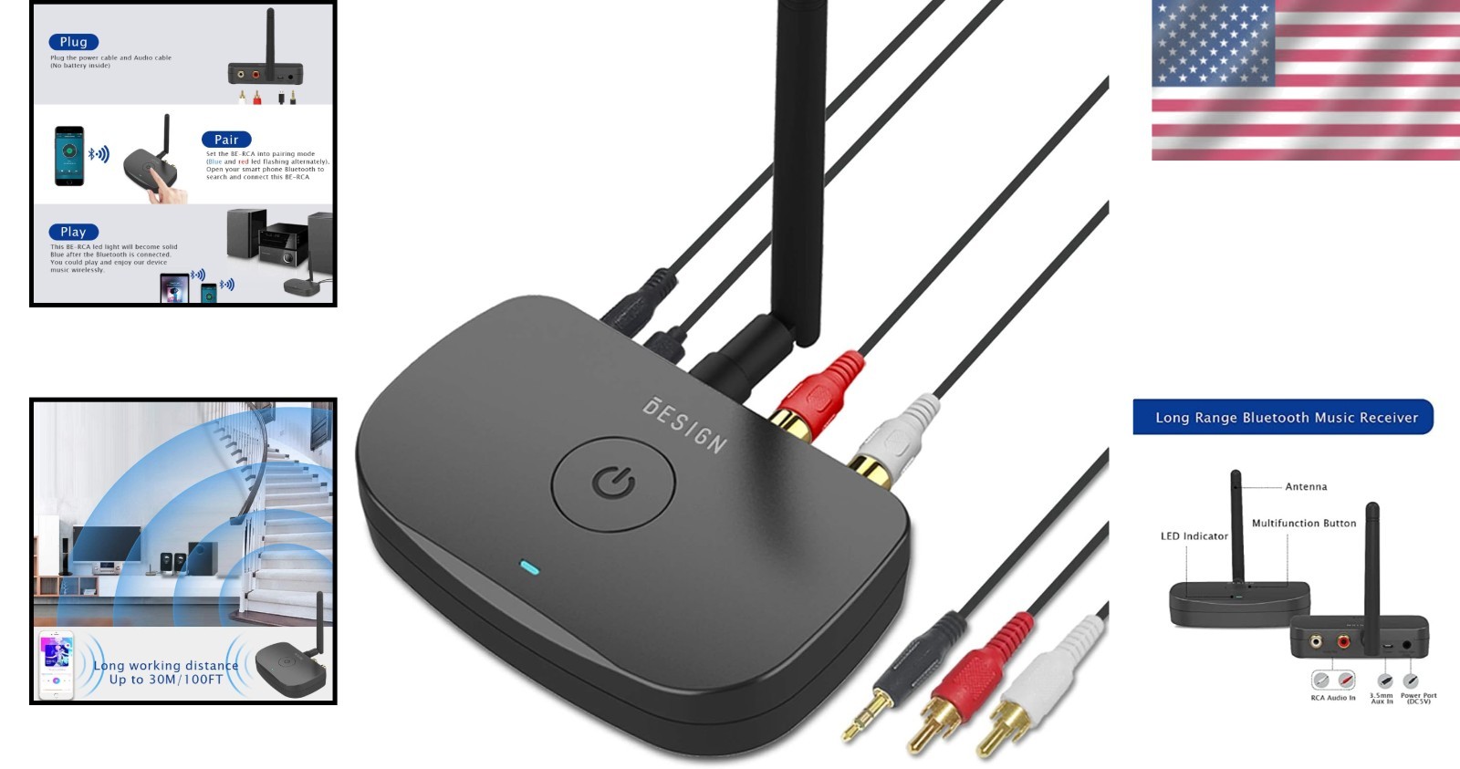 Transform Your Wired Speakers with BE-RCA Long Range Bluetooth Receiver - Black