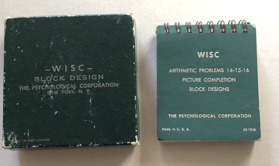 Vintage WISC ARITHMETIC PROBLEMS 14 15 16 Booklet , Block Design Cubes Box