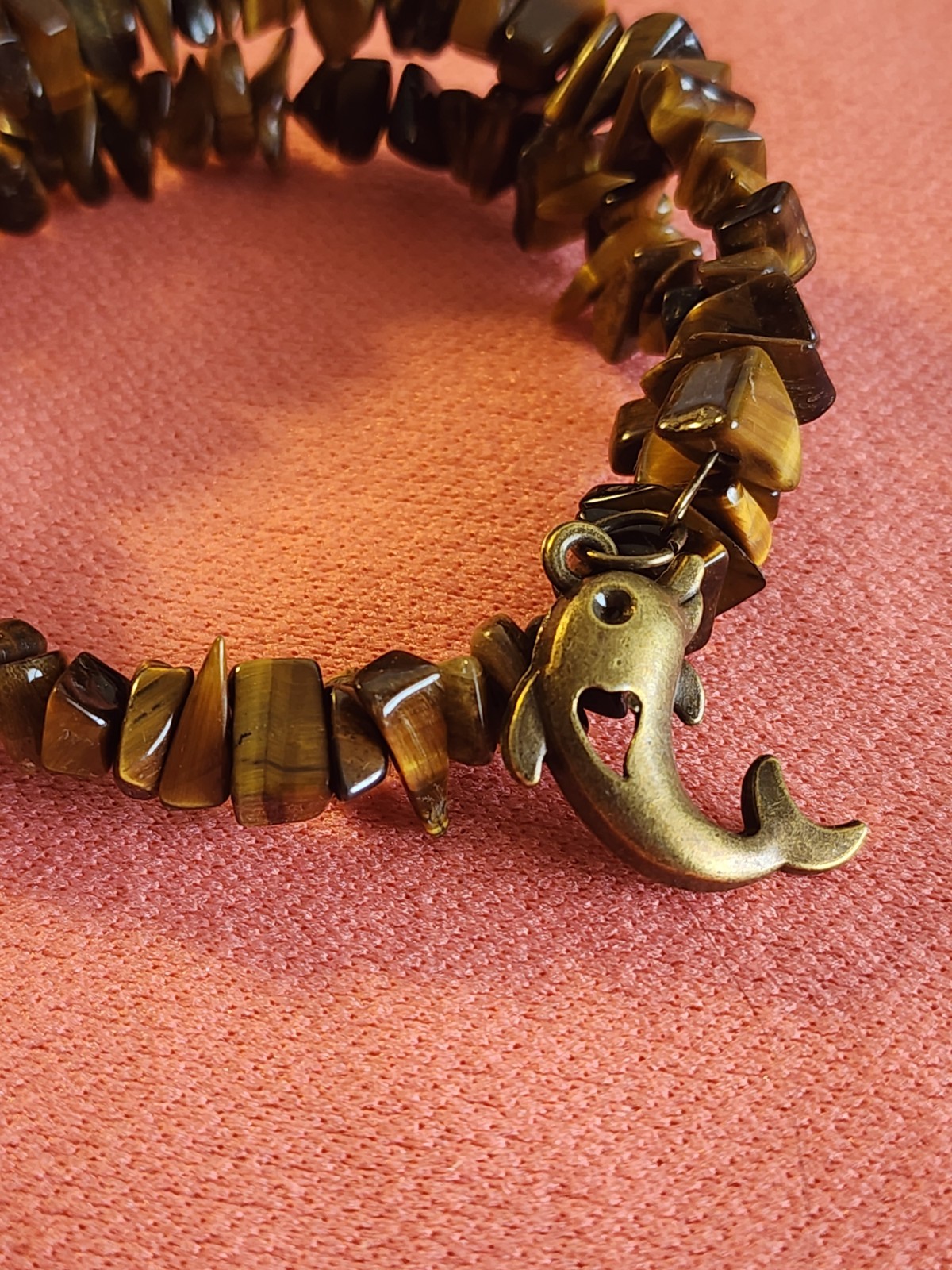 Tigers Eye Chip Bracelet Dolphin Charm Antiqued Brass Color Handmade
