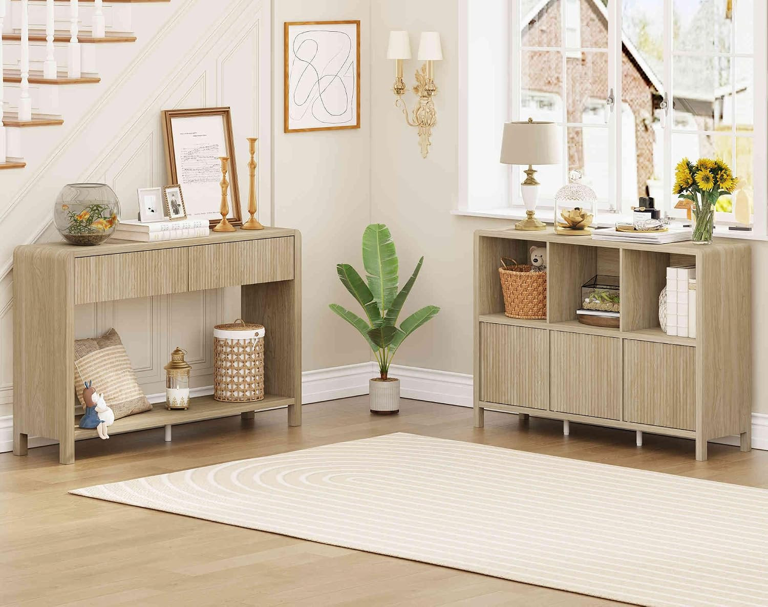 Console Table with 2 Drawers and 6 Cube Bookcase with 3 Doors for Living Room (L