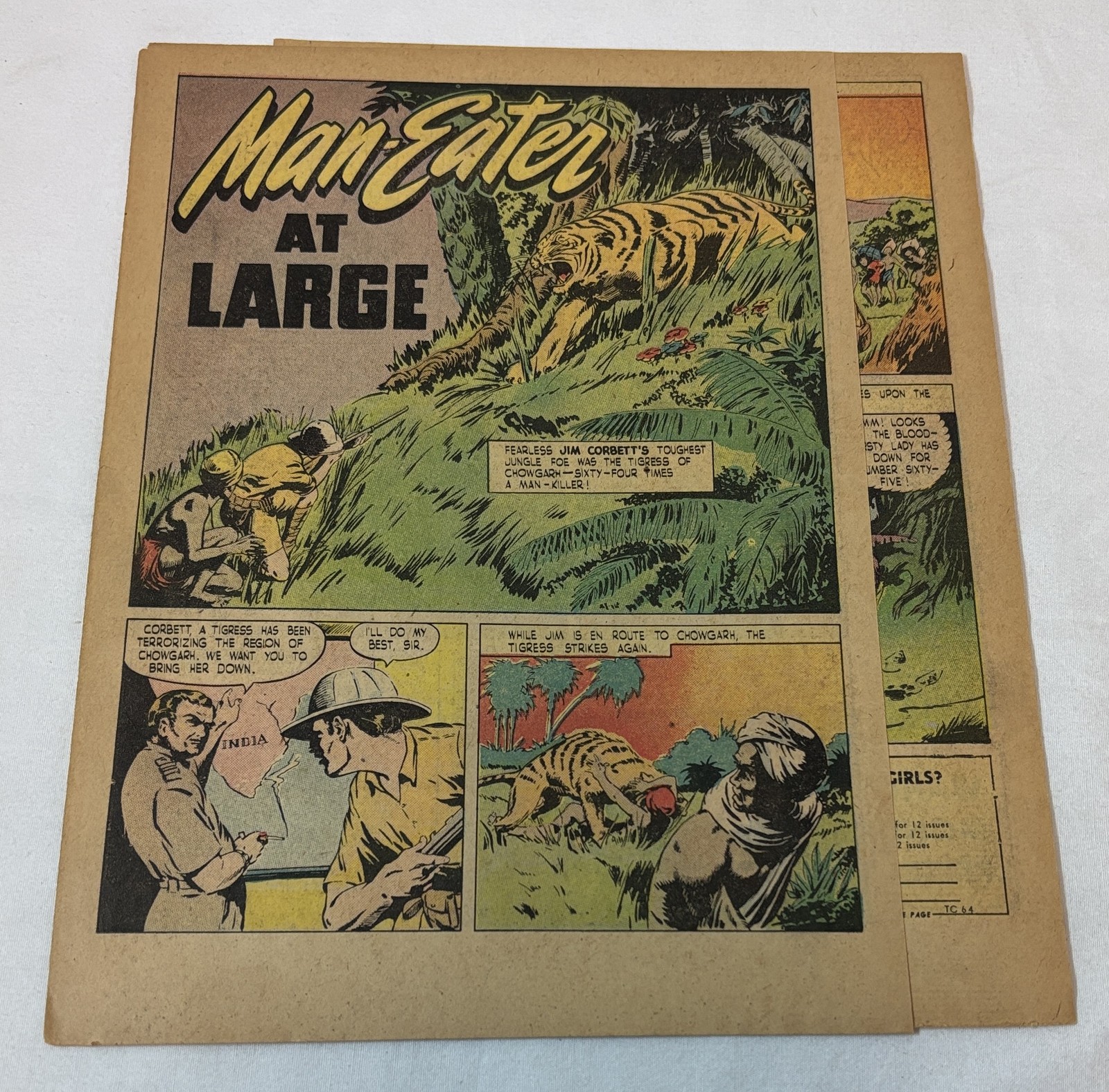 1947 three page cartoon story ~ Hunter JIM CORBETT, Tigress of Chowgarh