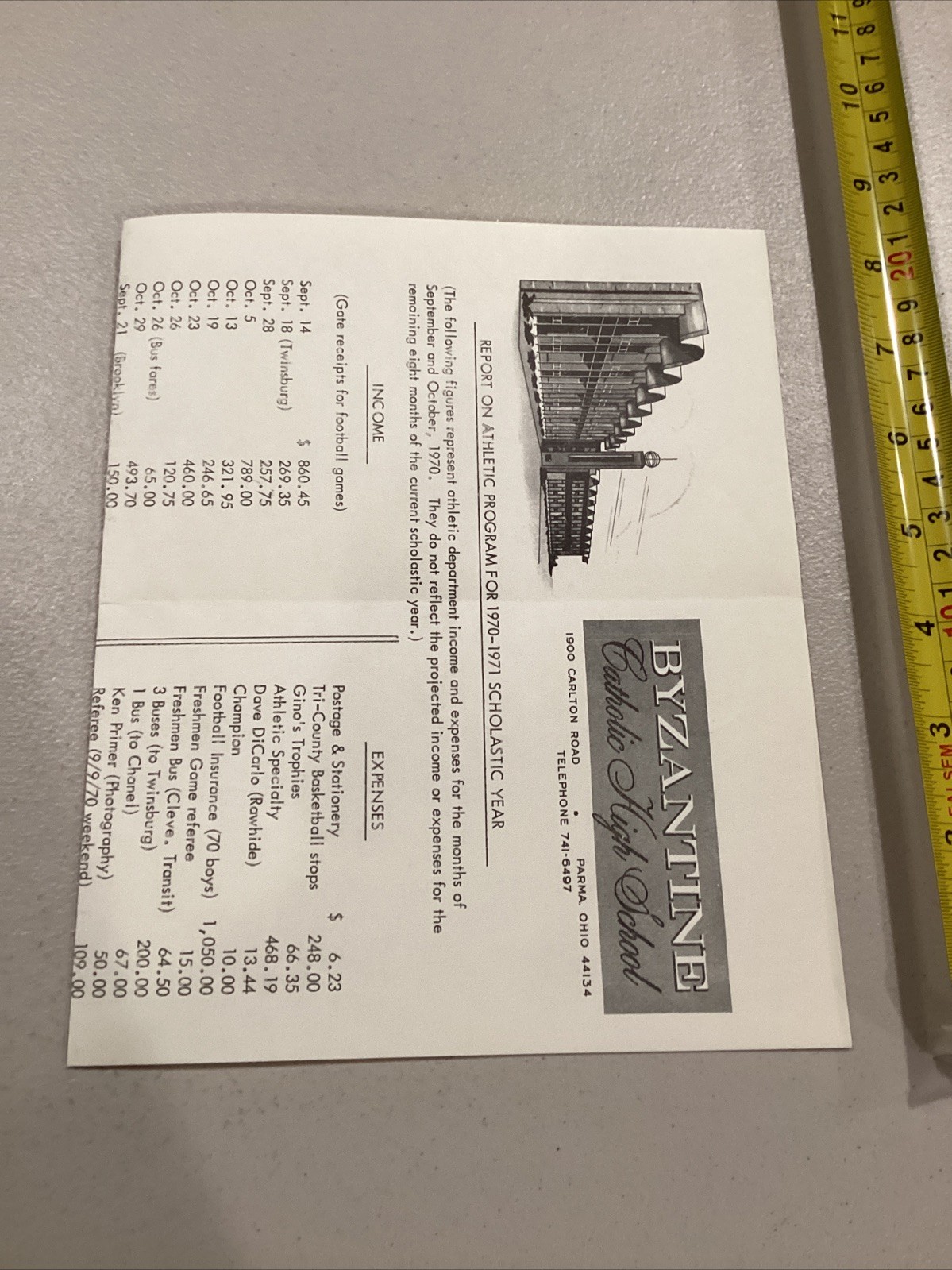 1970-1971 Byzantine Catholic High School Athletic Program Invoice Sheet