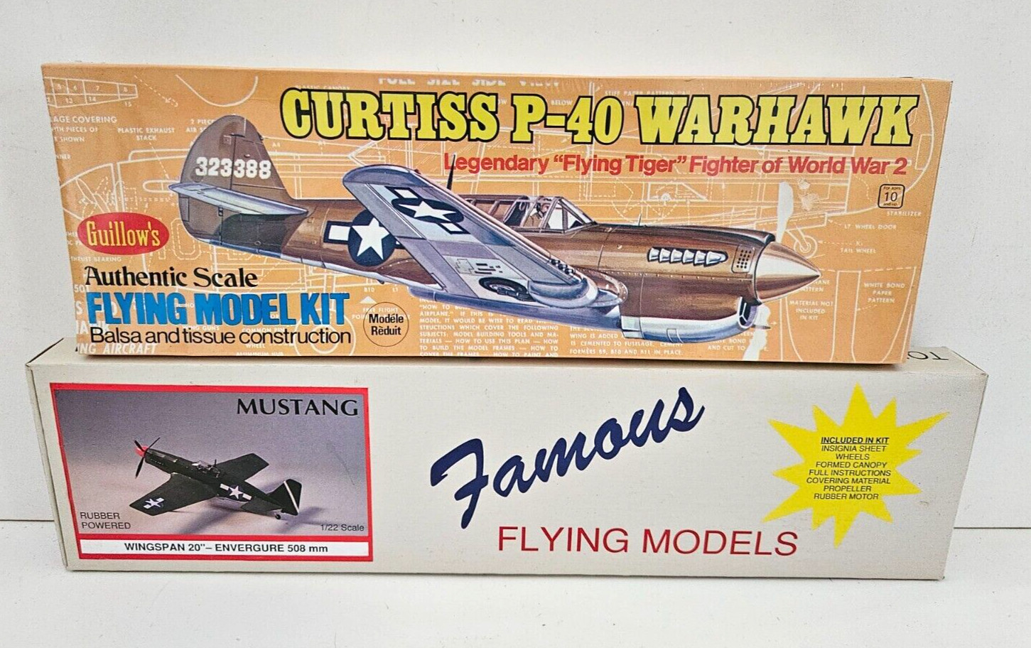 2X LOT FAMOUS /EASY BUILT P-51 MUSTANG + GUILLOWS P-40 WARHAWK BALSA AIRPLANES