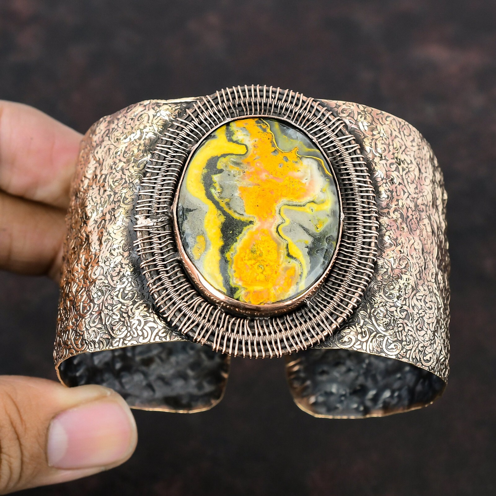 Bumble Bee Jasper Jewelry Copper Mum Gift Wire Wrapped Adjustable Bangle