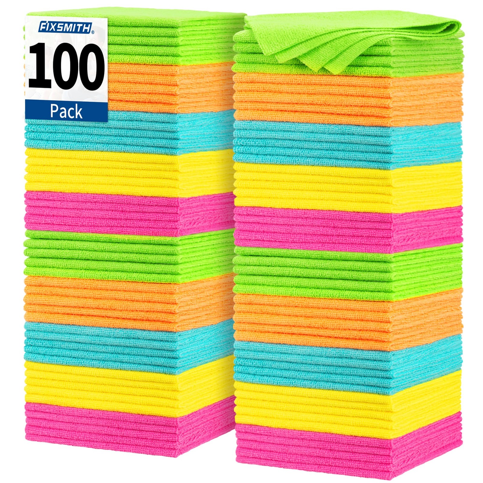 FIXSMITH Microfiber Cleaning Cloth, 100 Pack Shop Towels, 100PK, 5 Colors
