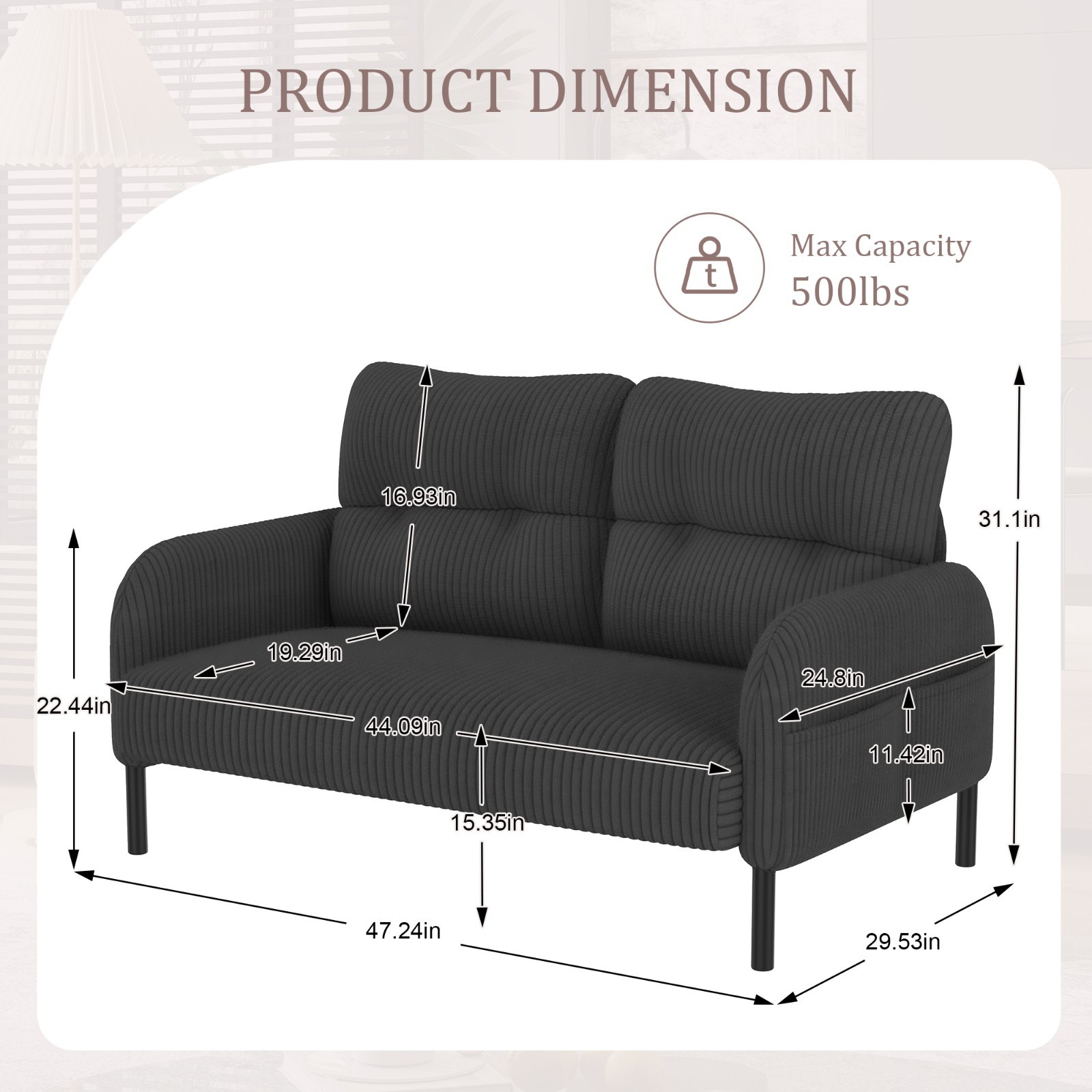 Corduroy Small Couch Loveseat Double Sofa With Side Pockets For Apartment