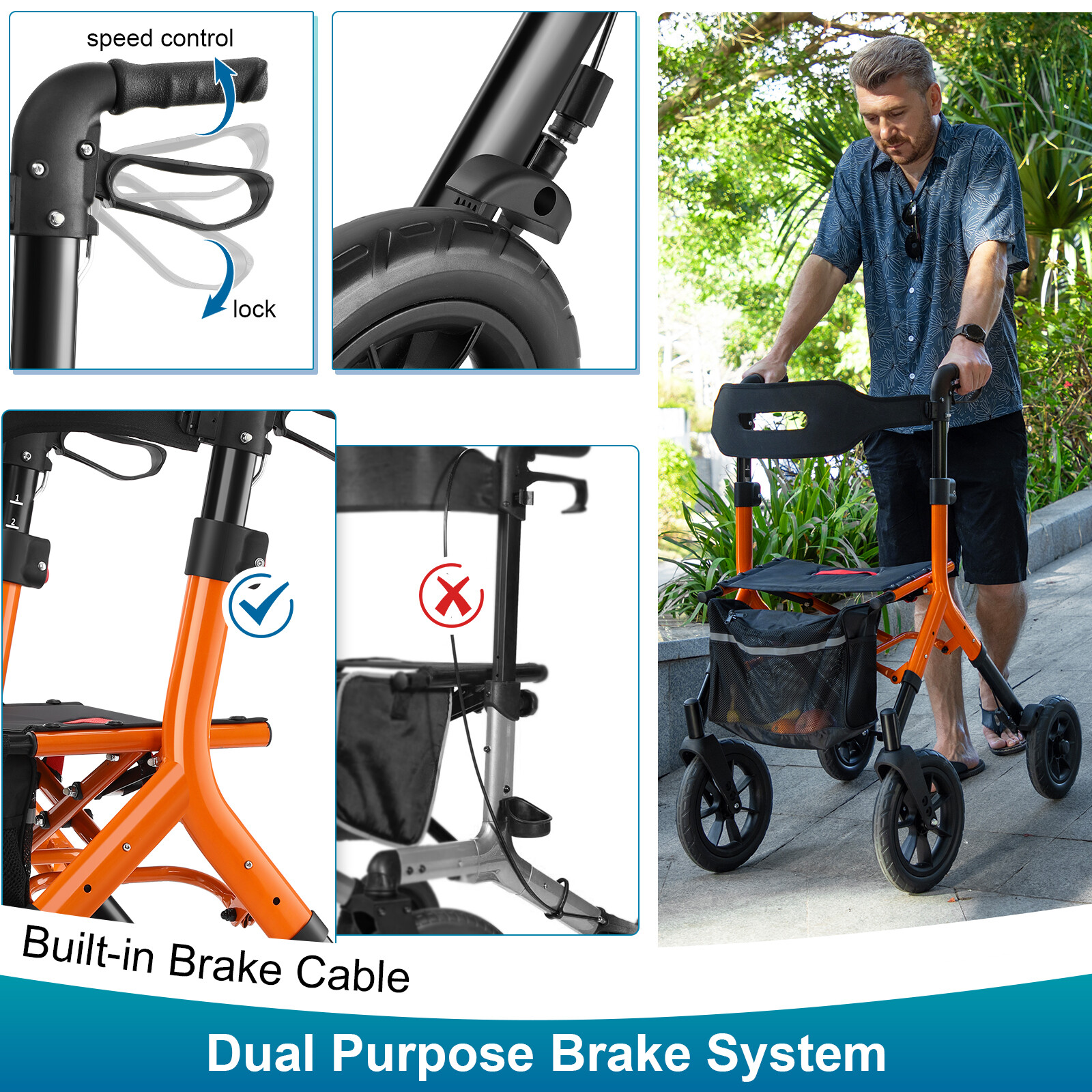 MAXWALK Rollator Walker 12in Rubber Wheels W/ Folding Mesh Backrest Adjust Seat