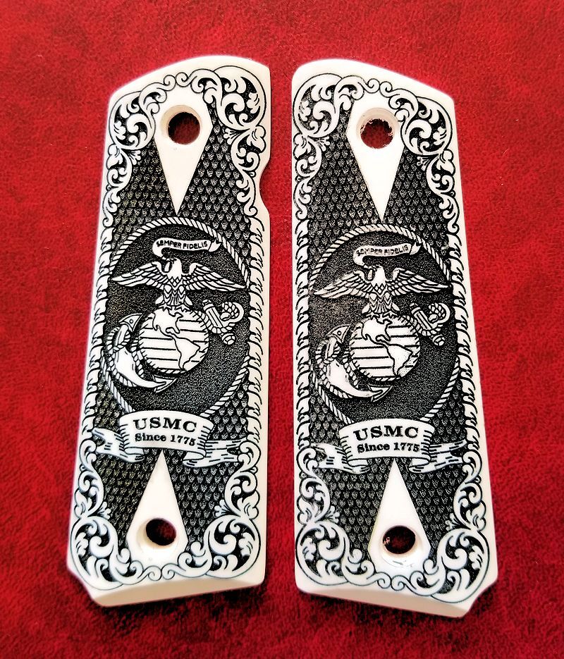 1911 custom 3D engraved imitation ivory grips Marines Semper Fidelis Scroll